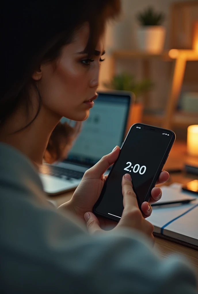 Person looking at a timer on their phone set to 2:00, their finger hovering above the start button, determination replacing anxiety on their face, cluttered desk still visible in background but blurred, warm lighting creating a sense of hope, high resolution, cinematic framing, photorealistic style
