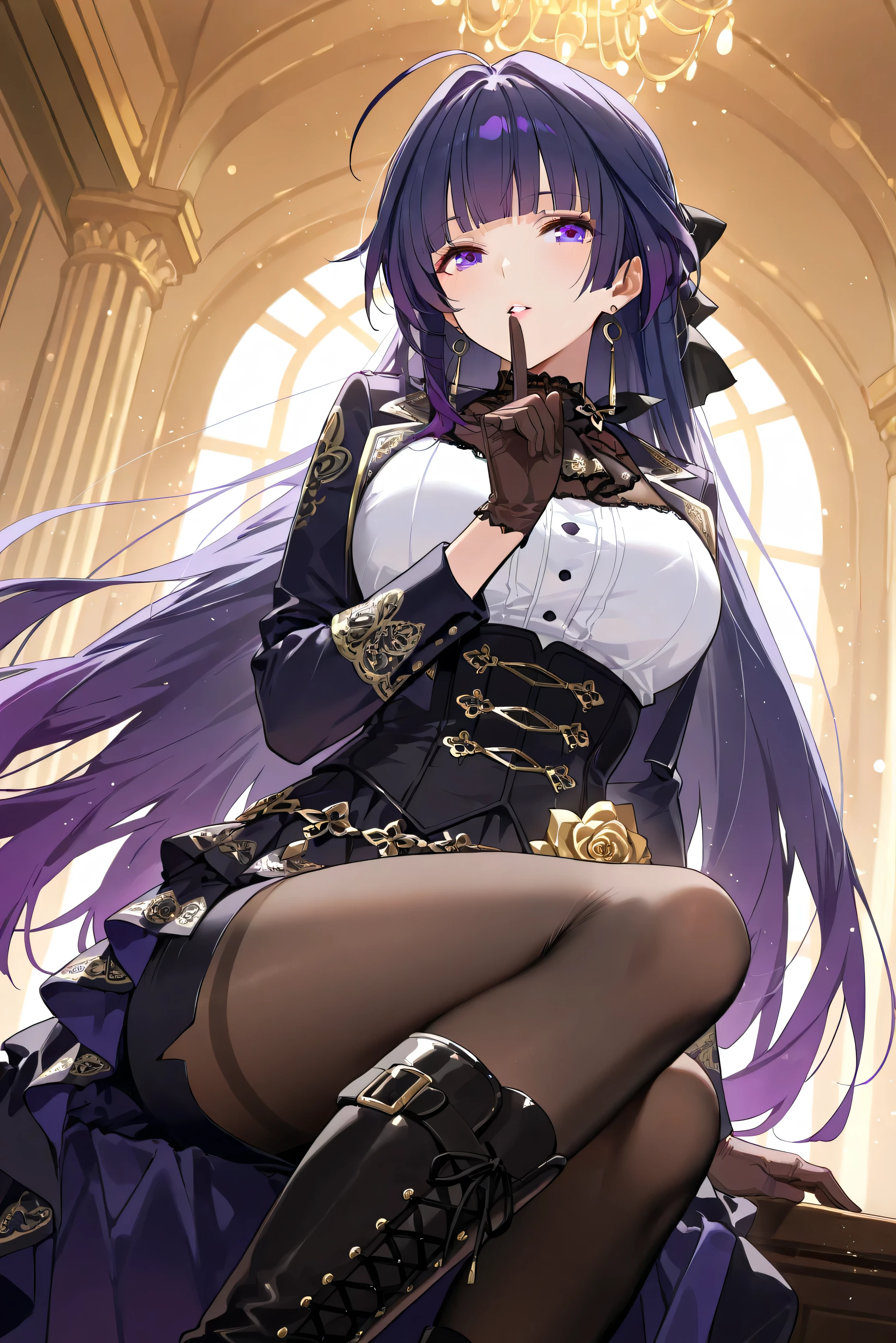 score_9, score_8_up, score_7_up, masterpiece, best quality, very aesthetic, absurdres, tunning image, light particles, attractive image, solo, 1girl, adult grown woman, raiden mei, long hair, purple hair, bangs, purple eyes, blunt bangs, bangs, gradient hair, hair ribbon, masterpiece,best quality,amazing quality, 5 fingers, alternate costume, An anime female character in a crimson duelist outfit, featuring a long maroon coat with golden rose embroidery on the sleeves and hem. Underneath, she wears a ruffled white blouse, a black corset that accentuates her figure, and an asymmetrical layered short skirt. Black sheer stockings complement her high-heeled boots, while leather gloves add a commanding presence.