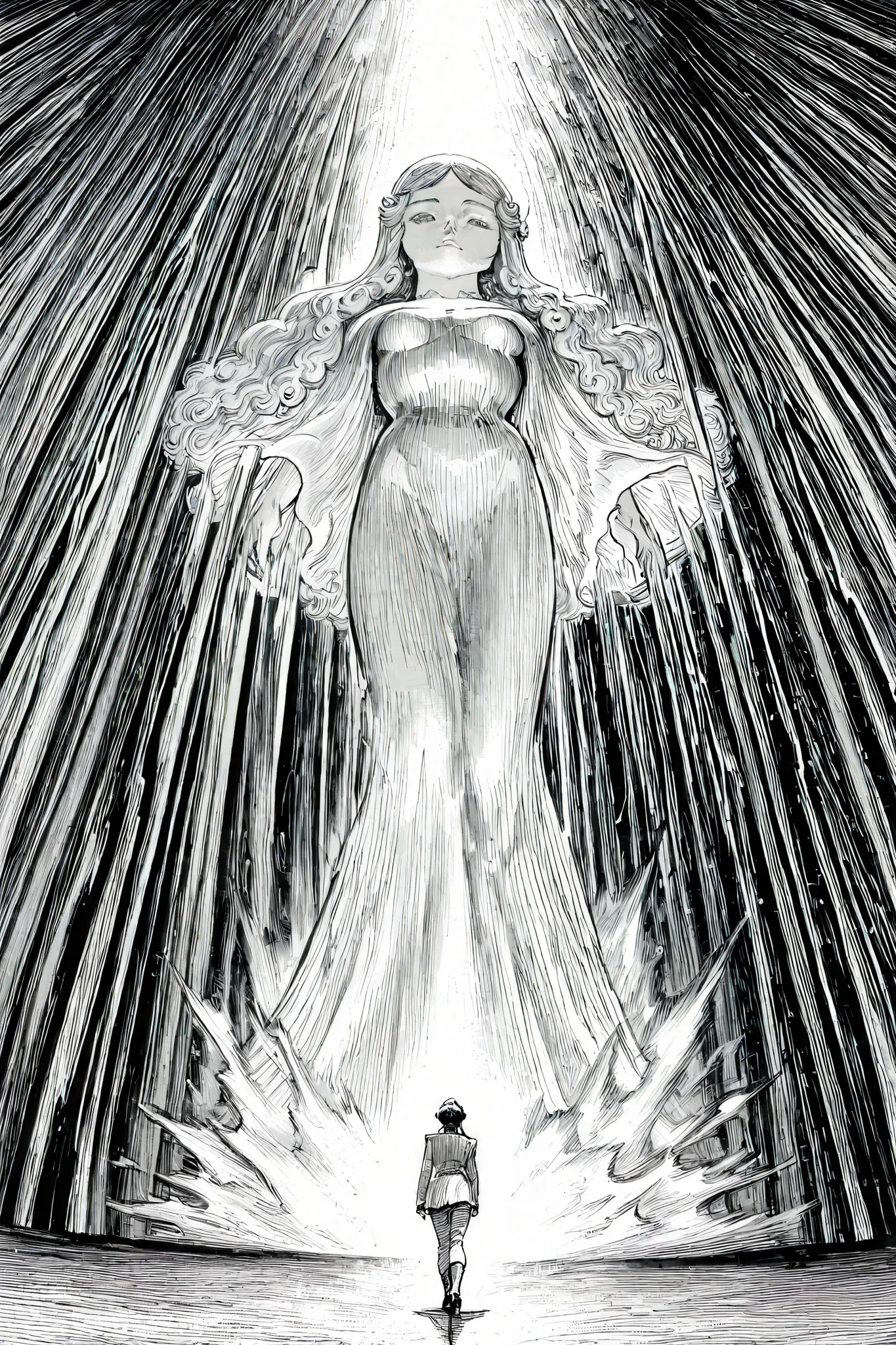 HDR, 8K, high contrast, masterpiece, best quality, amazing quality, very aesthetic, anime artstyle, realistic, newest, 
BREAK
bounce light, hyperdetailed, detailed hair strands, detailed fibers, greyscale, (intricate hatching: 1.0)
masterpiece, semi-realism, monochrome, manga, inking, detailed, hyperdetailed,
engraving artstyle, hatching /texture/, contour lines, monchrome, greyscale, masterpiece.hyperdetailed, absurdres, detailed background, foreshortening, perspective, dynamic angle, very aesthetic, 1girl, hyperdetailed statue of a woman bathed in slanted light