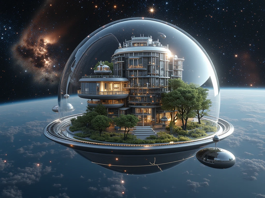 a world where earth is too full for human, the apes are migration to outer space, making a space colony on the earth orbit, a picture of a floating city in a silver metal sphere shape, and a glass cover, the city of apes, with trees, forest, buildings and apartments inside the city, there is a floating ape wears astronaut suit in the foreground, and seen behind is earth on fire, and deep space with milky way galaxy, delicate, amazing quality, perfect aesthetic image. combining between documentary and sci-fi movie scene, volumetric lighting.