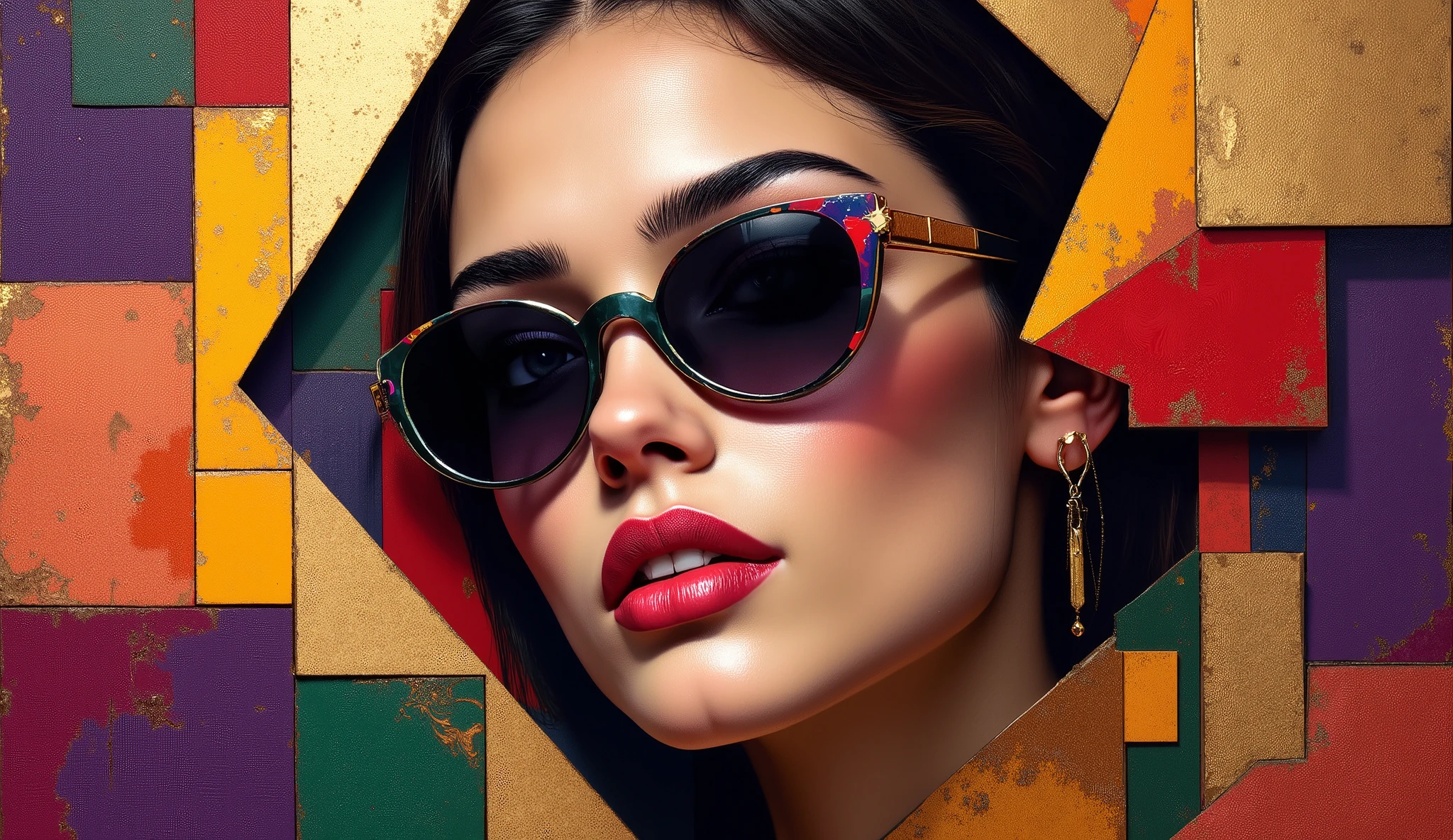 info amazing abstract and cubism art PURPLE GOLD RED YELLOW GREEN and beautiful lady face art with unique sun shades, looks realistic, 3d render 