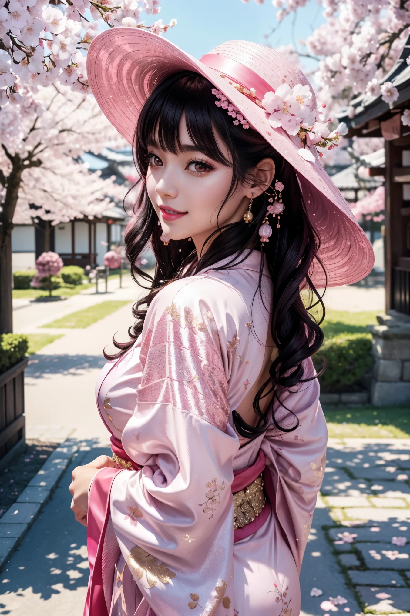 beautiful black hair ,shortcut,Aligned bangs,Bright red lips,Pink Eyes, white skin,Beautiful Japanese clothing,smile,super high quality,Ultra High Quality,masterpiece,dslr,photorealistic without makeup, Detailed Details,Vivid details, Detailed ,detailed face, Detailed Details,Super Details,realistic skin texture, colorful candy room ,Completely-Wide,anatomically correct hand,anatomically correct fingers,complicated 3d rendering,Sexy Poses,Beautiful back view,Light pink sequin kimono studded with gold,pink cherry hat,cherry colored nails,Mysterious cherry blossom blizzard,Clear skies, Beautiful Blue Sky ,Picturesque, the whole body,9 heads,pink lips, beautiful curly hair ,gorgeous necklace, highlight a beautiful whole body ,Beautiful nails,