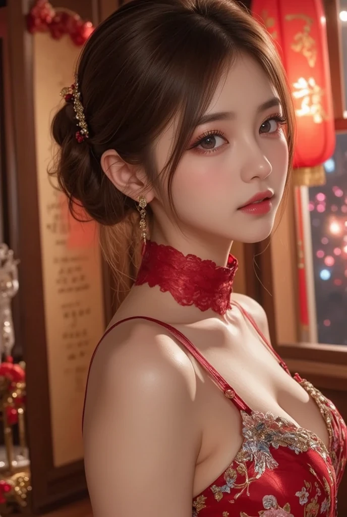 (Highest quality:1.4),(masterpiece:1.4),(Realistic:1.4),(Realistic:1.2),(超High resolution, RAW Photos:1.4),(High resolution, Very detailed:1.2),(8k:1.2),Movie Photos,a photo of a dark-haired,One Girl,alone,wear ,((China dress))、((Upper Body:1.3))