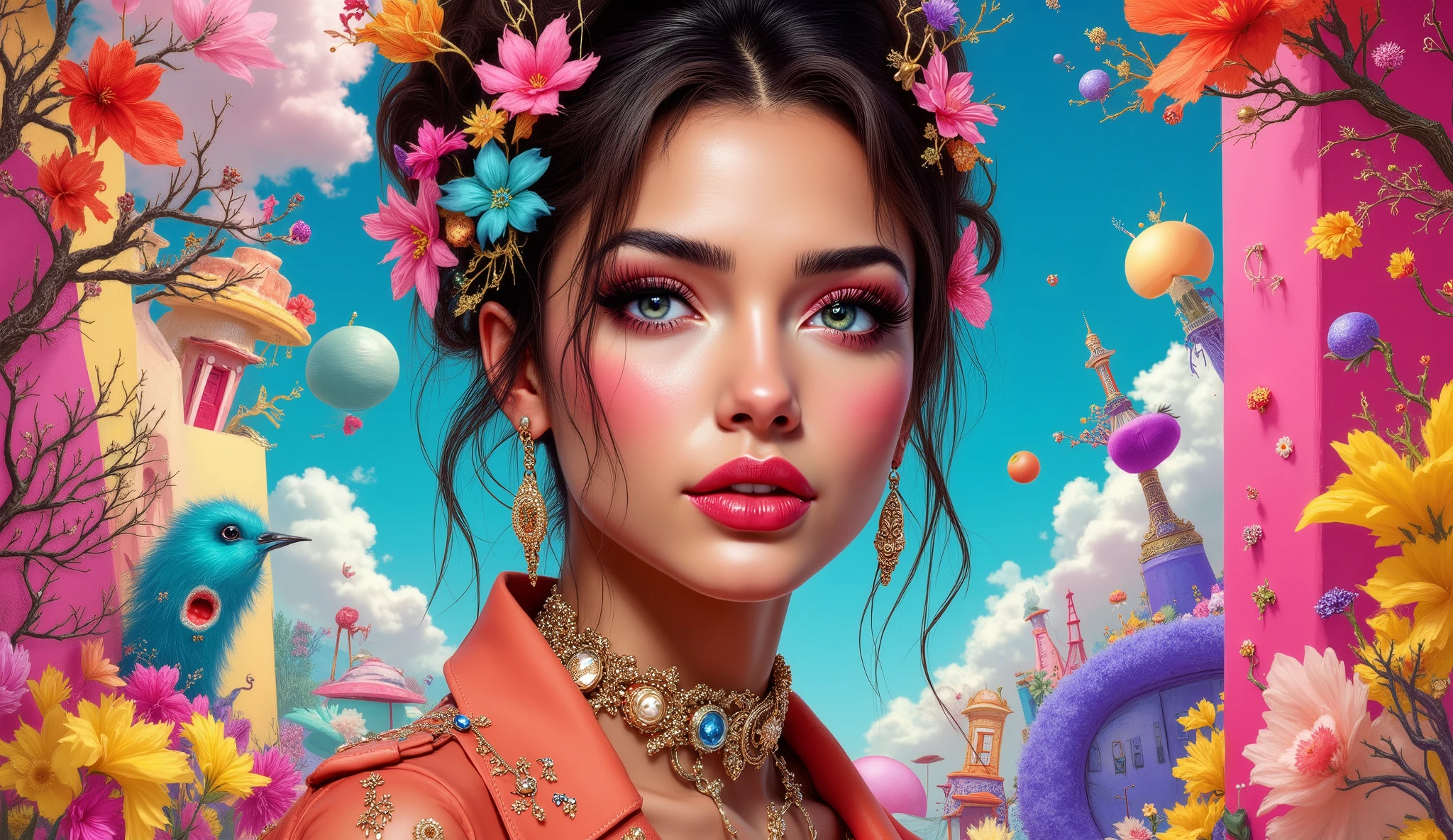 POP-SURREALISM WHIMSICAL QUIRKY PORTRAIT FASHION ILLUSTRATION OF A SUPER COOL AND STYLISH MODERN BEAUTIFUL MODEL, IN THE STYLE OF ARTURO ELENA AND JAMIE LEE REARDIN AND LAURA LAINE AND STEVEN KENNY, 8K ULTRA-HD,