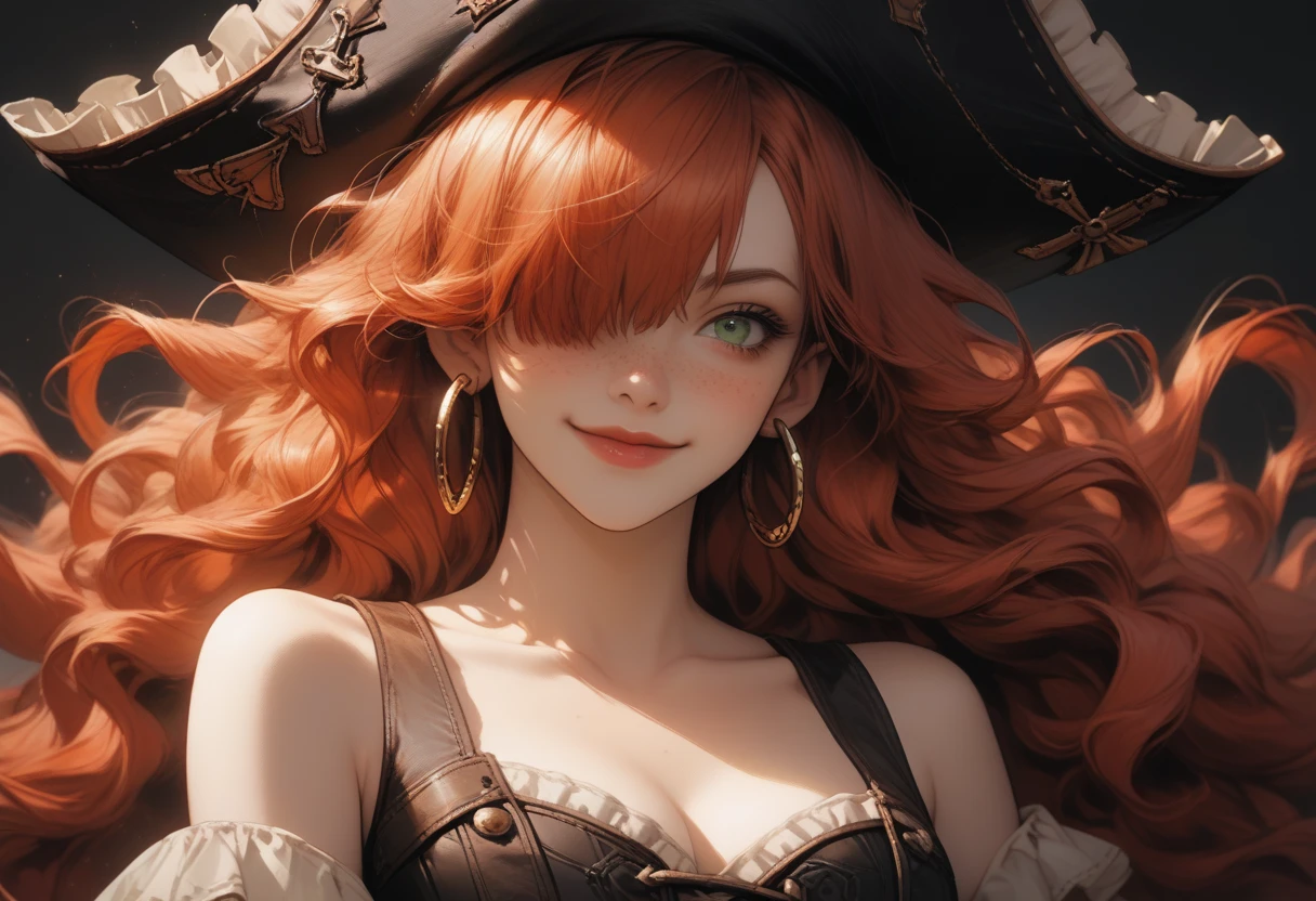 (((masterpiece+best quality+high resolution+ultra-detailed))), Nami, one piece, long silky orange hair, high nose, sharp eyes, noble and inviolable temperament, (([female]: 1.2 + [beauty]: 1.2 + orange wavy long hair: 1.2)), pirate ship background, bright eyes, dynamic angle and posture.