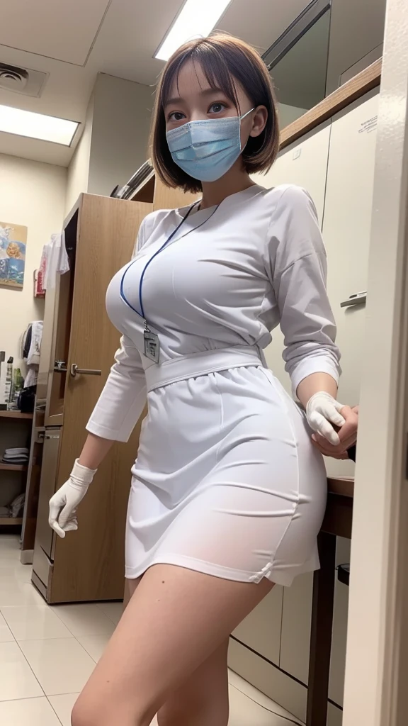 hospital, latex nurse suit,nurse,busty,mask,gloves,labcoat,silverhair woman, pink eyes , gigantic boobs ,medical instruments,diaper,asian nurse,nurse hat,nurse apron,lesbian nurse