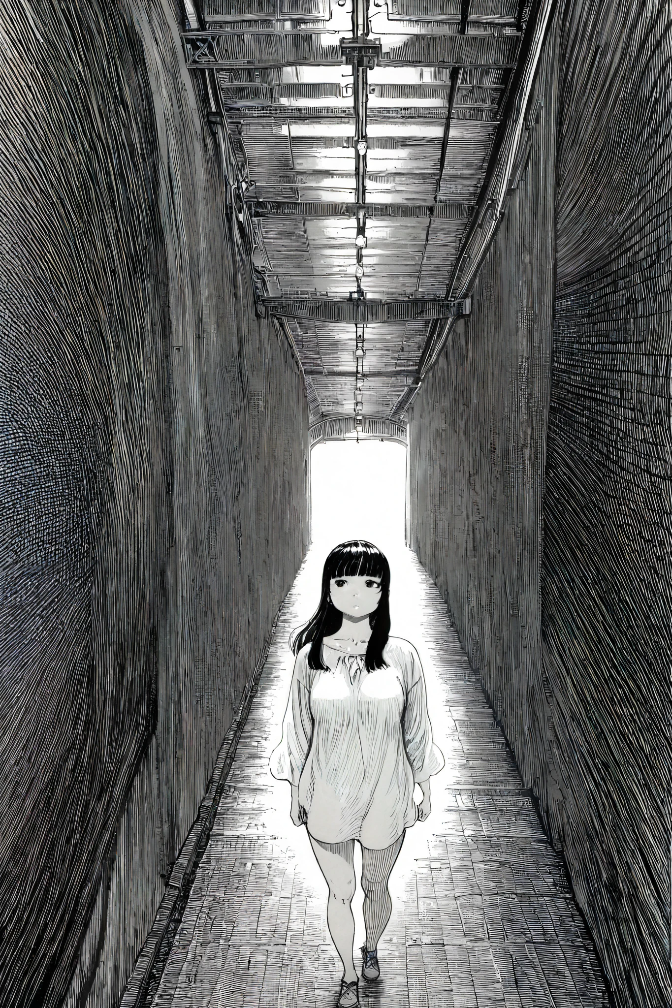 HDR, 8K, high contrast, masterpiece, best quality, amazing quality, very aesthetic, anime artstyle, realistic, newest,
BREAK
bounce light, hyperdetailed, detailed hair strands, detailed fibers, greyscale, (intricate hatching: 1.4)
masterpiece, semi-realism, monochrome, manga, inking, detailed, hyperdetailed,
engraving artstyle, hatching /texture/, contour lines, monchrome, greyscale, masterpiece.hyperdetailed, absurdres, detailed background, foreshortening, perspective, dynamic angle, very aesthetic, 1girl, standing in station, rounded face, plump lips, realistic proportions, black eyes, hime cut, white shirt, looking to side, Japanese signs, Japanese street