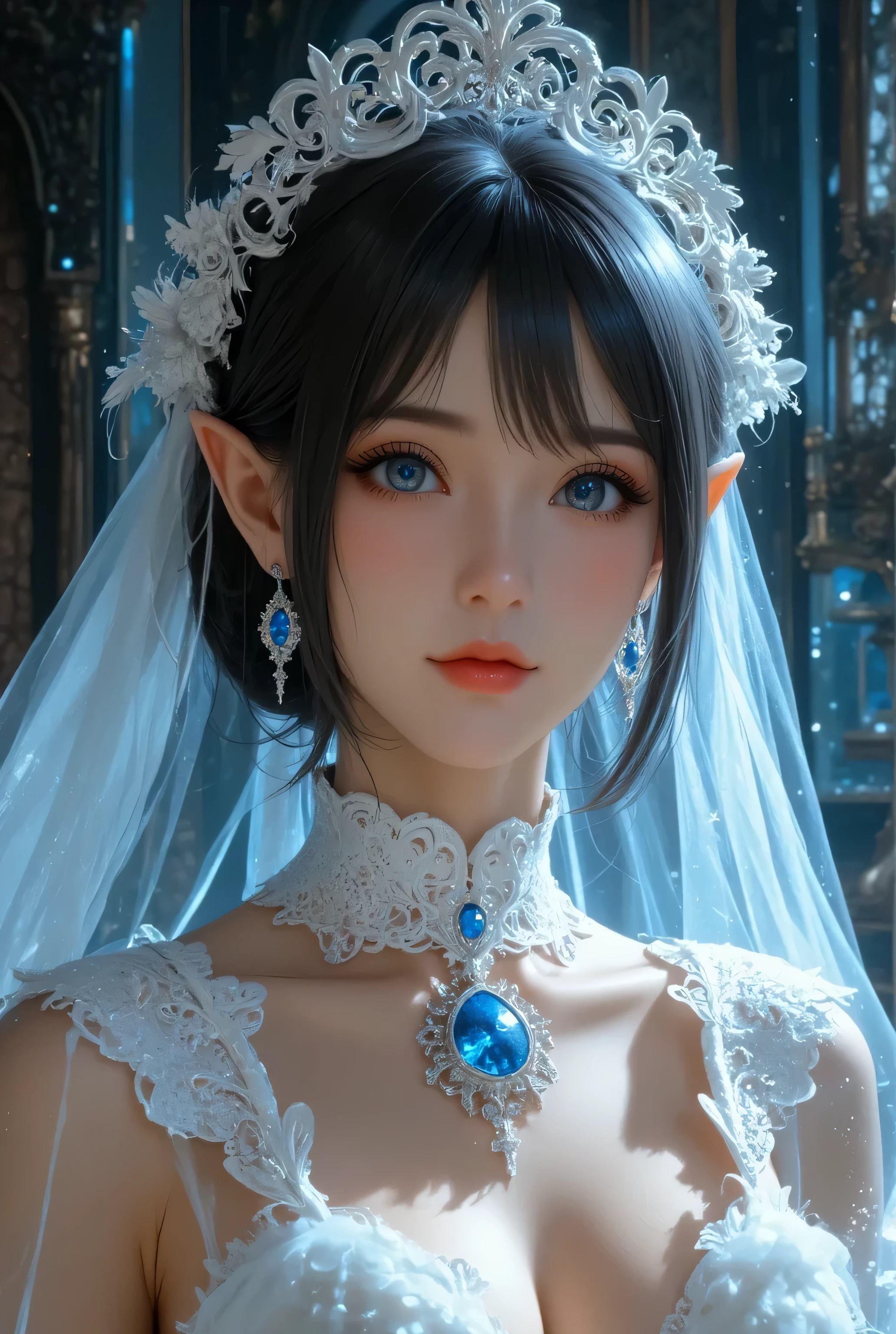  best quality , Super quality, 16k,  Unbelievably Absurd,  very detailed,  lovely photo,  delicate and dynamic,  Kiri Reina female,  seductive smile,  pure white wedding dress ,  great style , bouquet,  steampunk,  DIESEL PUNK ,  clock punk ,  cyberpunk, Glitter effect, shining jewelry, shining big beautiful blue gem at necklace, red cheek,  black hair, cinematic lights, blue shining lights at her dress
