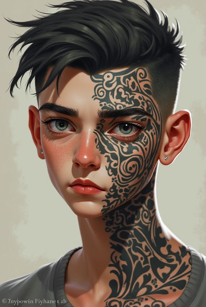 character design sheet by Yliade, best quality, masterpiece, Representative work, official art, Professional, Ultra intricate detailed, 8k, male, with white and brown short hair, tribal tattoo, naked chest, hot dude