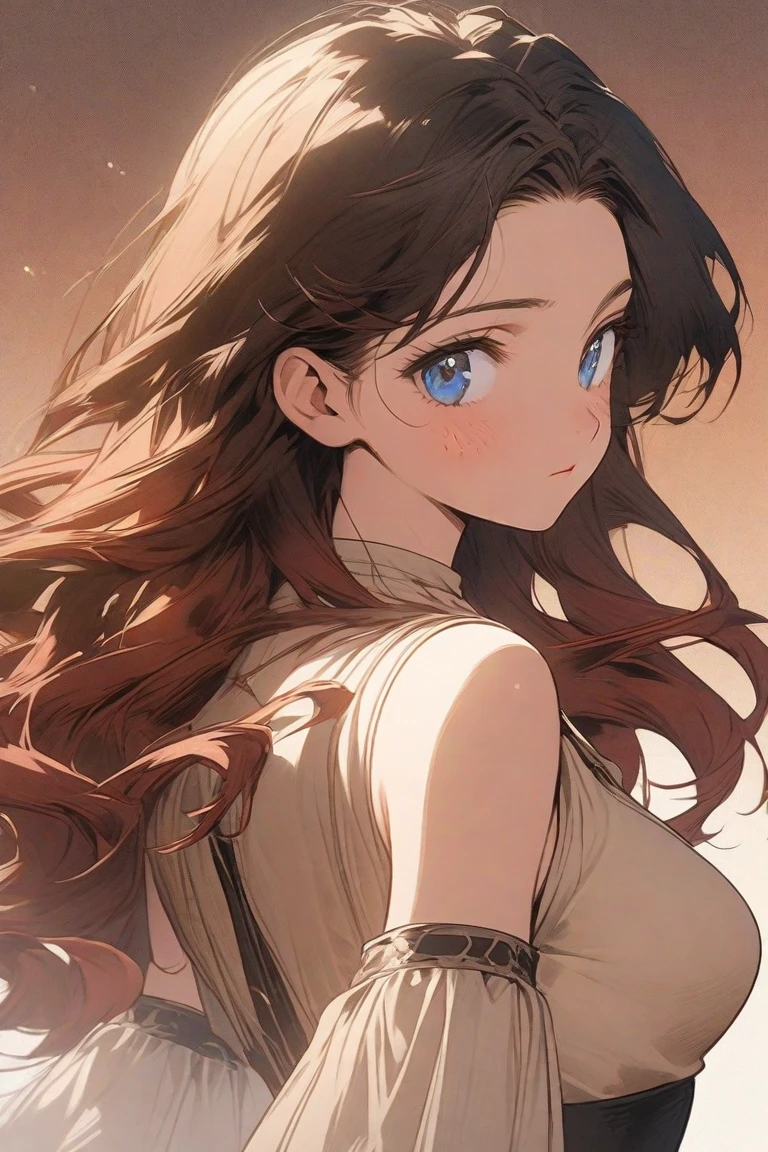 Anime style, 1womanl, brown haired, Wavy shoulder-length hair, full bodyesbian, looking away from camera, Looking up at the sky, Calm, Soft dramatic lighting, depth of fields, Bokeh, vibrant detail, hyper realisitic,