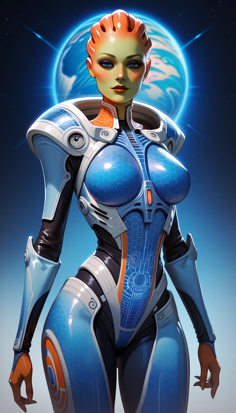 Ancient Extraterrestrial Creature, Alien Being, ((Non-Human)), Female seductive Alien, psychedelic skin, chitinous skin, Alien clothes, Holographic Heavy armor 