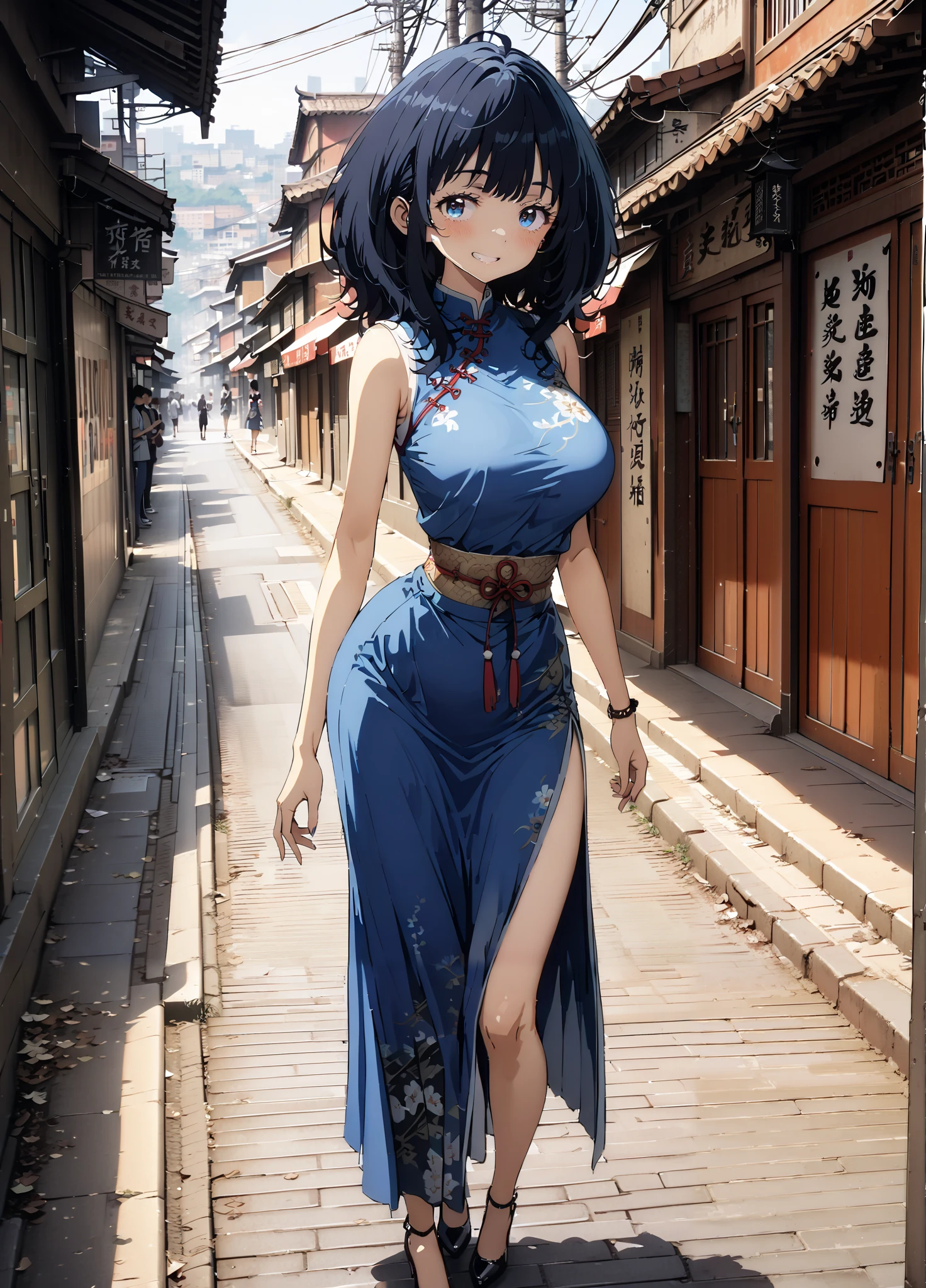 score_9, score_8_up, score_7_up, source_anime, Anayanami , medium hair, blue eyes, stupid hair, Lantern, medium chest, skirt, shirt, Big Breasts,Blue sleeveless Chinese clothes,Long slit,pin heels,standing,Put your hands on your lower back,smile,blush, grin ,China, beautiful scenery,Beautiful cityscape,standing,full bodyがイラストに入るように, break outdoors, Chinatown,
break looking at viewer,full body,
break (masterpiece:1.2),highest quality , kampala, Unity 8K Wallpaper ,(shape:0.8),( fine, beautiful eyes :1.6),It's a person ,full body写真,CG Details , (perfect hands, complete anatomy),