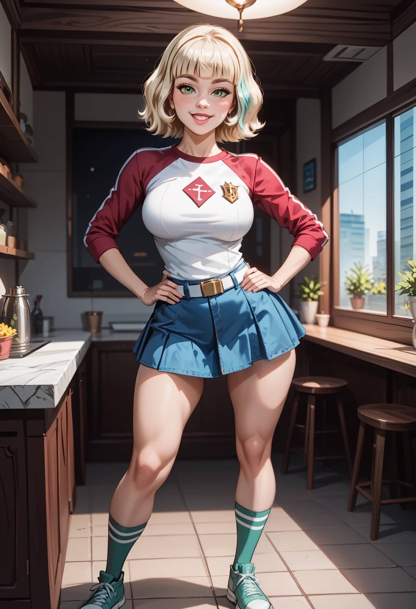 dynamic angle, wide view, wide-angle lens, extremely detailed, CG, 8k Amazing, finely detail)), (intricate details, depth of field), 8k UHD, (masterpiece, best quality),(amazing quality,very aesthetic,absurdres,best quality,newest, masterpiece)), ultra detailed, best quality, beautiful face, perfect anatomy, anatomically correct, athletic sexy body, Expressiveh, (cute face, cute body))), (((Jackie Lynn Thomas,1girl,solo,short hair,blonde hair,shirt,long sleeves,green eyes,purple crochet top, medium hair,kneehighs,freckles, denim blue skirt, white belt, pink highleg thong,raglan sleeves, green shoes))), ((large breasts, slim sexy body, curvy hips, seductive pose, flirting, naughty face, blush)), (((looking at viewer, happy smile, joy, cowboy shot, dynamic pose)))), curvy, toned, athletic, standing, hands on hip, (((seductive pose, sexy pose, cowboy pose)), indoors,((hourglass figure)), ((pinup pose, seductive pose,dynamic pose, seductive), ((precise face and eyes:1)) , ((((rear view, front view, bend over, shot from behind, medium angle shot, looking at back, full body shot, hourglass figure, wide hips)))), fantasy, outdoors, ((highly detailed, highres, 8k, uhd, High Dynamic Range, tonemapping, crisp details, intricate details, fine details)), (spreating legs, bend over, show legs, )