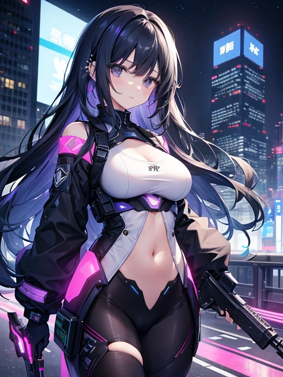 cyber-, Black base, Long Hair, 1, special power, high performance, Future, electronic, Gloss, mechanical, Complex circuits, Strong Energy, Full Color, high tech, Digital, code, Subtle details, sharp expression, Futureな衣装, Extremely Black,銀Gloss テクノロジー, Near future、Girl、battle、strongest、sexy、disaster々Shii、Digitalオーラ、Modern city destruction