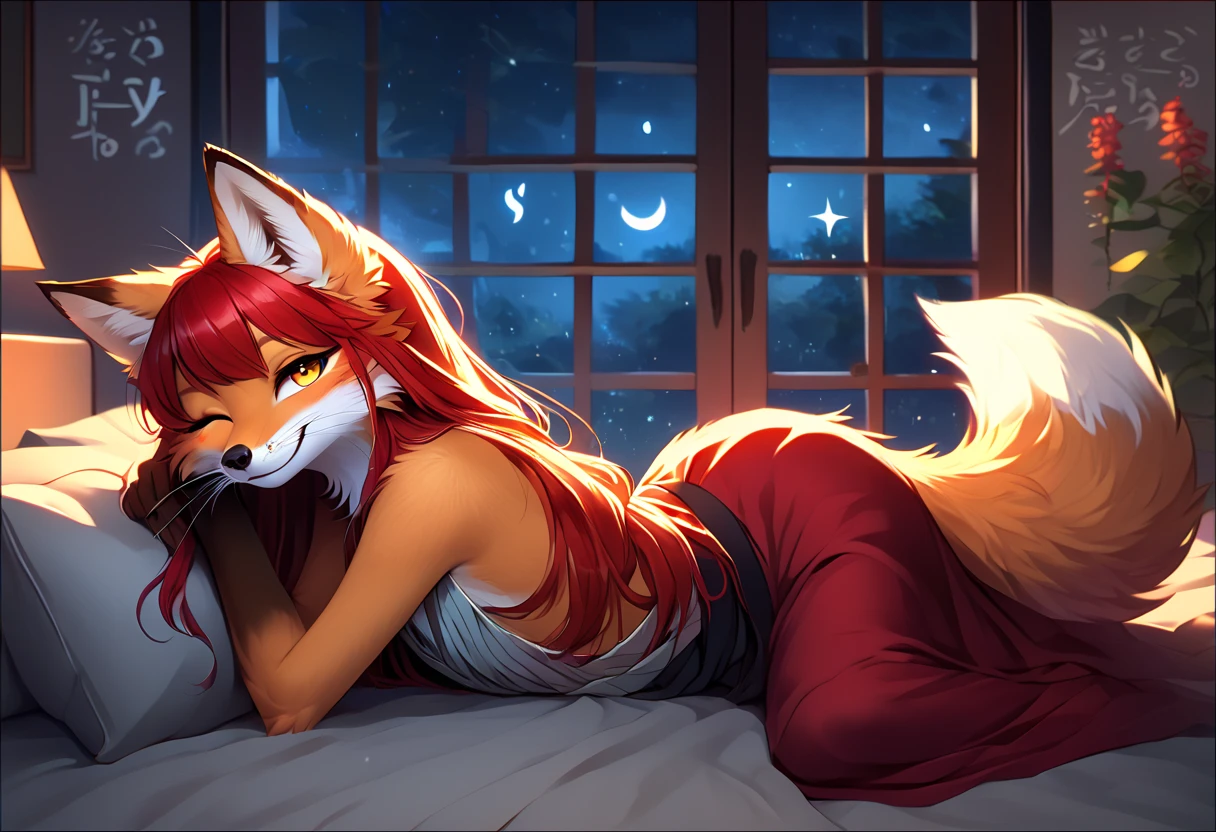 1 girl with long red hair, amber eyes, fox ears, bald tail, naked, lying in bed, in room, Wooden walls, Dark lighting, On knees, Passionate Face, youthful look, thin, smile,whole body