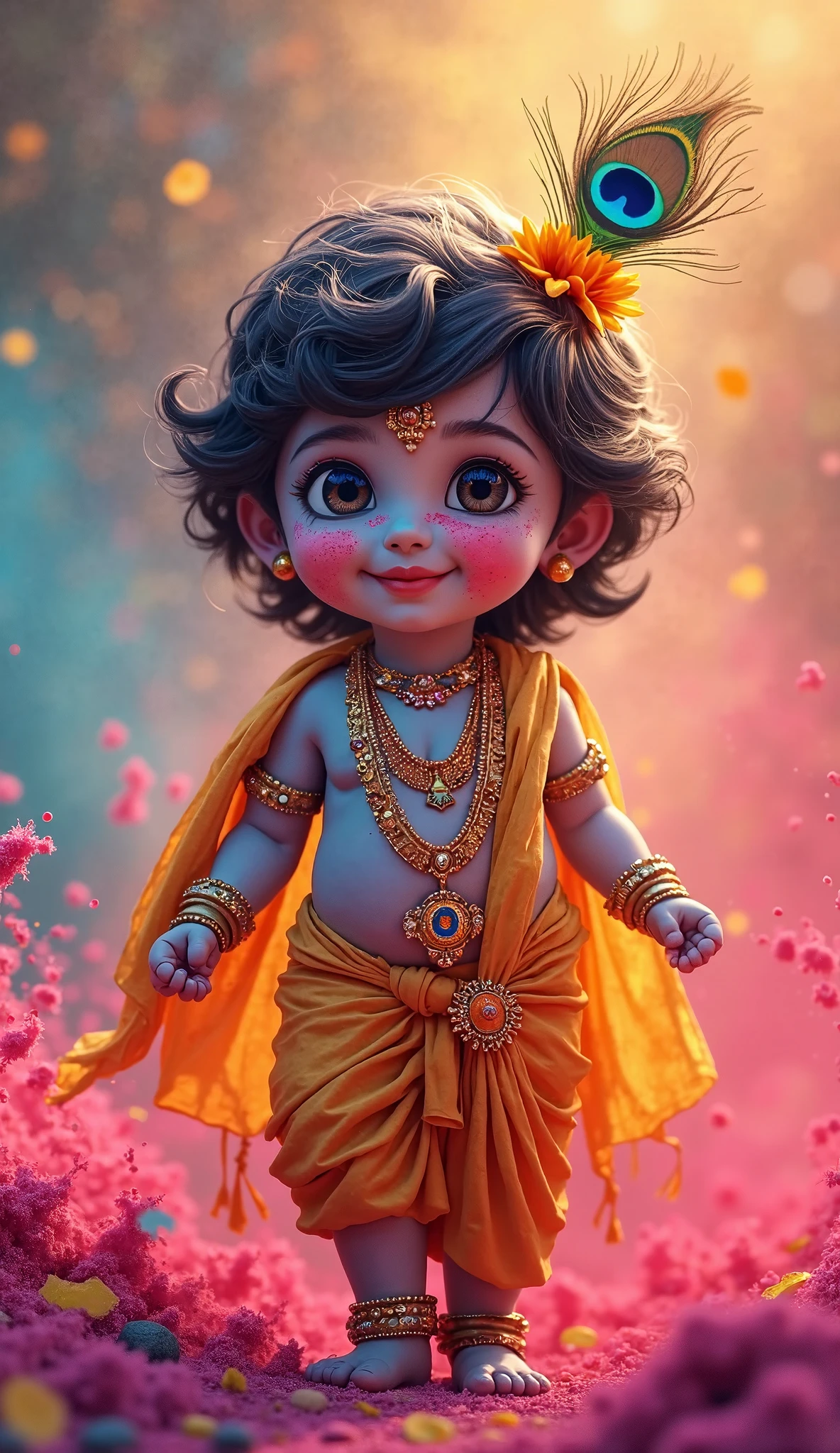 "A digital painting of baby Krishna, with big, innocent eyes and a mischievous smile, wearing a red sweater and a peacock feather in his cap, sitting on a soft cloud, surrounded by colorful butterflies."