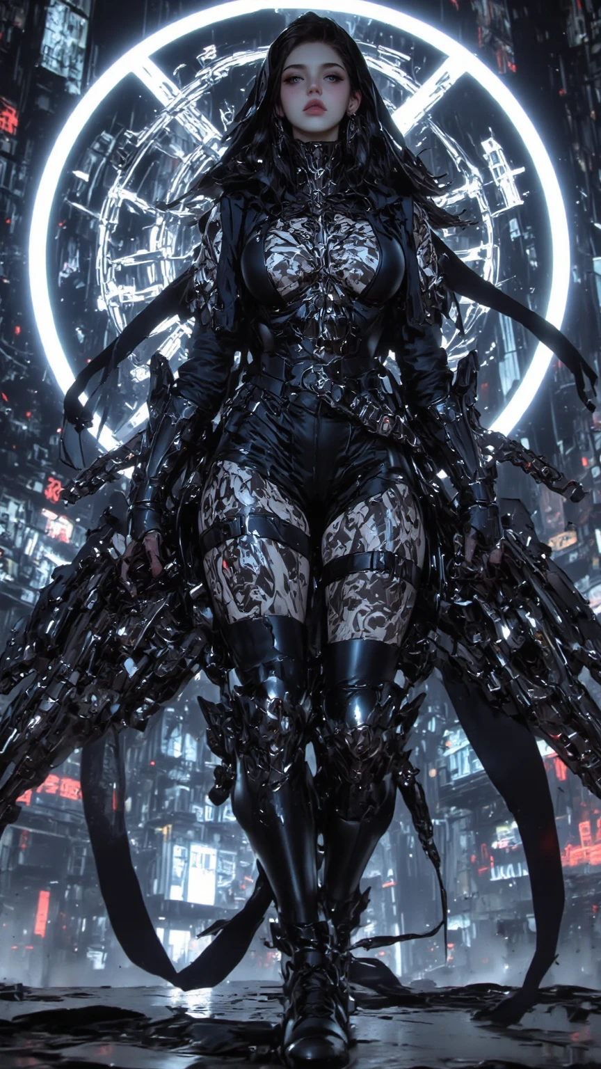 ((masterpiece, The best quality)), illustration, 8K ultra-detailed, realist, sharp focus, Highly detailed, Pro Lighting, Colorful details, Rainbow color break, Super Long Lens Factory, large mechanical robot structure, microchip, computer, luminescence, intricate details, shitu-mecha, 1girl, Use wick, belly button, color image, glow, (cyberpunk),walking in the city