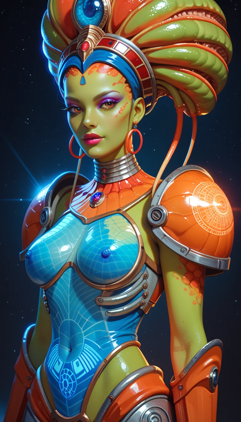 Ancient Extraterrestrial Creature, Alien Being, ((Non-Human)), Female seductive Alien, colorful skin, seductive Alien clothes, Holographic Space Armor