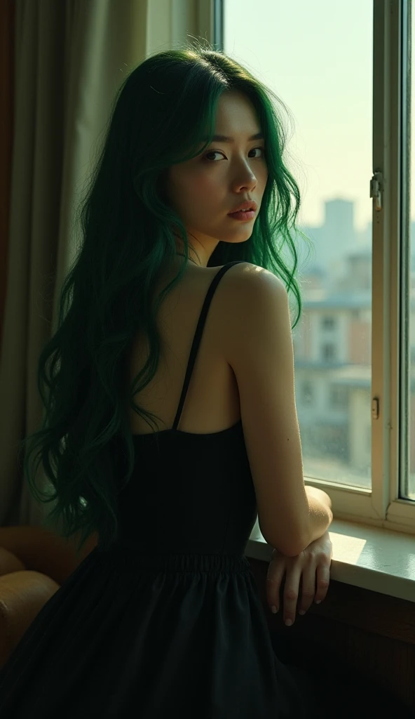 Portrait of a European woman standing in a poised pose, slightly leaning forward for a full-body portrait. She possesses a meticulous, attractive, and gentle face with an oval shape. Her seductive green eyes are slightly widened, enhancing her allure, and convey a gentle, slightly melancholic expression. Despite a hint of disappointment directed towards the viewer, she exudes a serene charm, remaining irresistibly captivating. Her long, straight hair is dyed in a vibrant green shade, elegantly framing her face in a frontal view