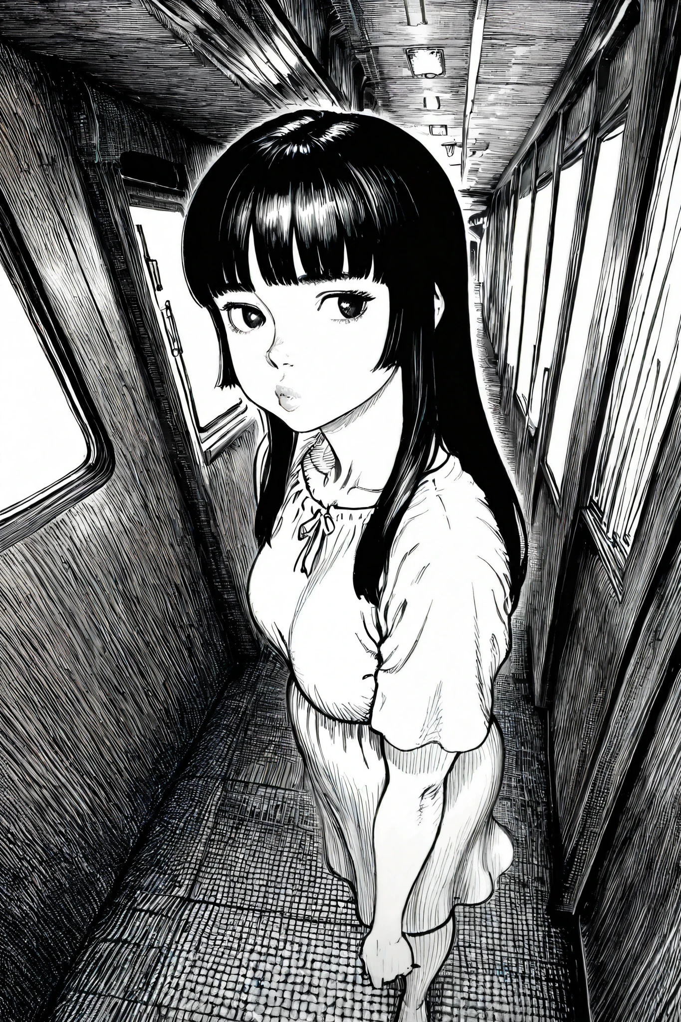 HDR, 8K, high contrast, masterpiece, best quality, amazing quality, very aesthetic, anime artstyle, realistic, newest,
BREAK
bounce light, hyperdetailed, detailed hair strands, detailed fibers, greyscale, (intricate hatching: 1.4)
masterpiece, semi-realism, monochrome, manga, inking, detailed, hyperdetailed,
engraving artstyle, hatching /texture/, contour lines, monchrome, greyscale, masterpiece.hyperdetailed, absurdres, detailed background, foreshortening, perspective, dynamic angle, very aesthetic, 1girl, standing in station, rounded face, plump lips, realistic proportions, black eyes, hime cut, white shirt, looking to side,