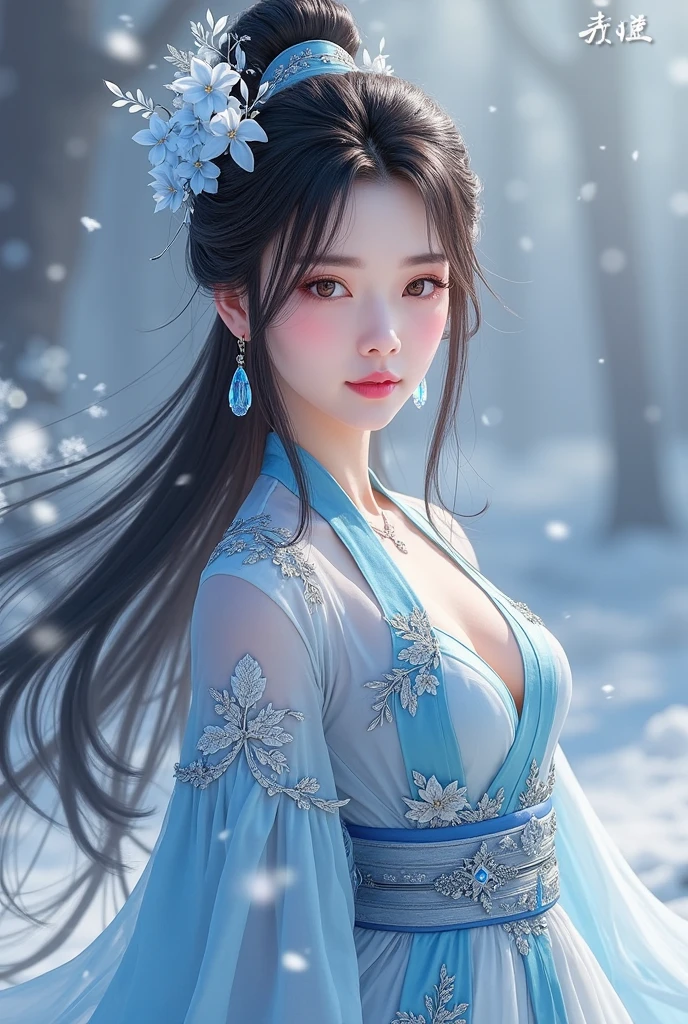 8K,tmasterpiece,CG,Volumetriclighting,eventide, one-girl,beuaty girl,Dynamic action,with hands behind her back,standing in the snowy mountain,Hanfu,short skirt,Casual hairstyle,Messy hair,big breasts exposed cleavage,blue gem
