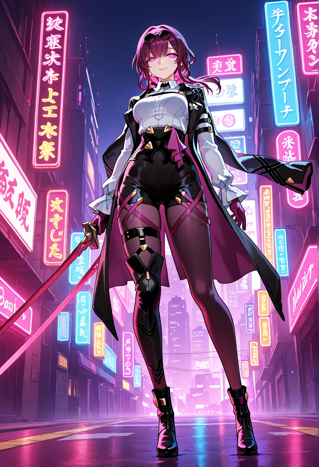 best quality, masterpiece, cinematic, realistic, cyberpunk, cyberpunk city, neon, volumetric lighting, black sky, (raining, thunderstorm), 1girl, (cyberpunk clothing, hoodie, pants, punk clothes), (flowing red hair), water reflecting off ground, from behind, ((hidden face)),