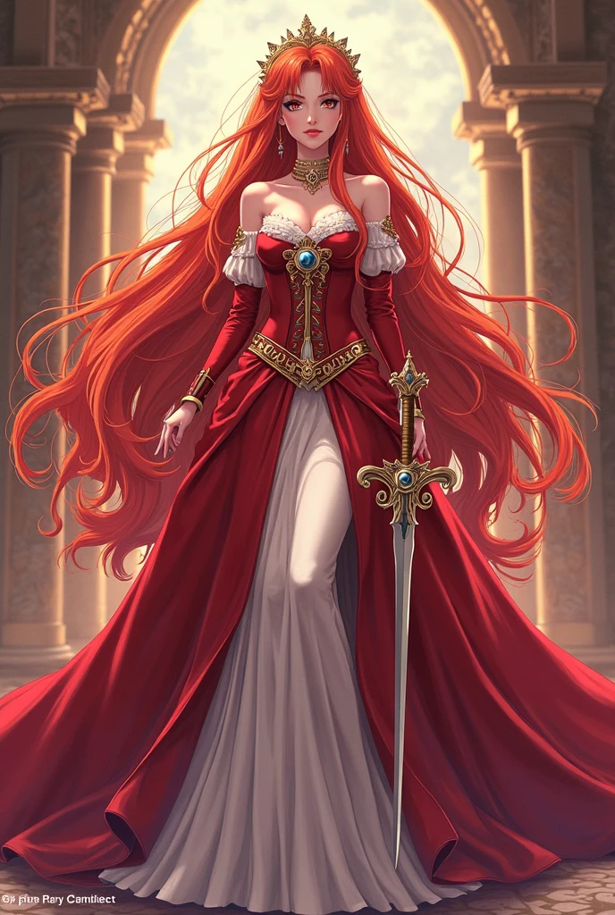 Erza Scarlett bright red hair huge breasts wide hips big ass sexy laying down pose holding sword in a bedroom 