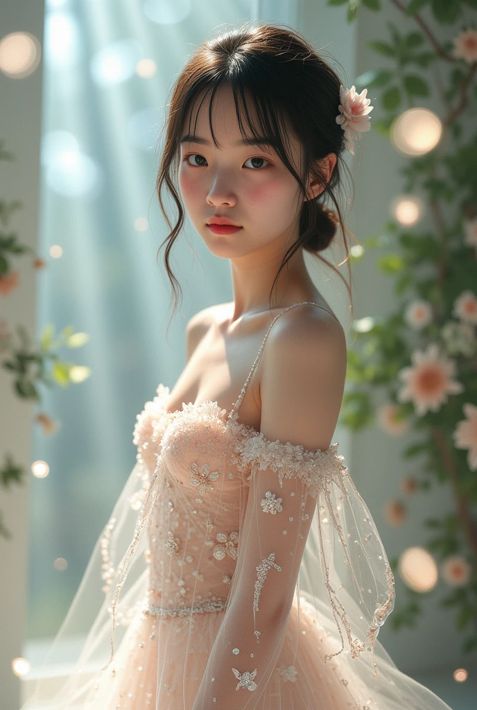 Long flowing brown hair，Fluorescent eyeshadow，Glowing pale eyes，Moon，Demon-free，Plush ears，moonlight，Flowing tulle，Best picture quality，Transparent flowers，Gradient petals，Flower hairpin，Noodles