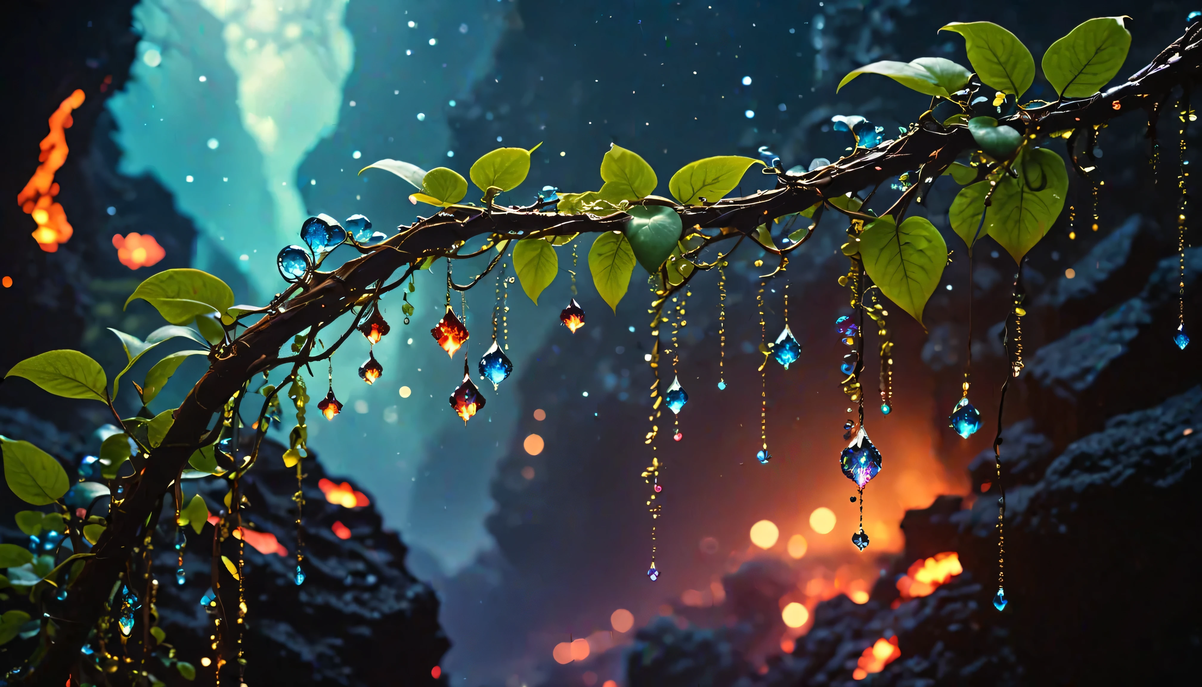 Movie photo macro photo, glittering dew clings to a magical fantasy glass vine extending down from a branch high above us and down into lava, , fantastic colors of the galaxy , [ vertical ], An open center area made of old paper. . 35mm Photo, Movie, bokeh, professional, 4K, Very Detailed