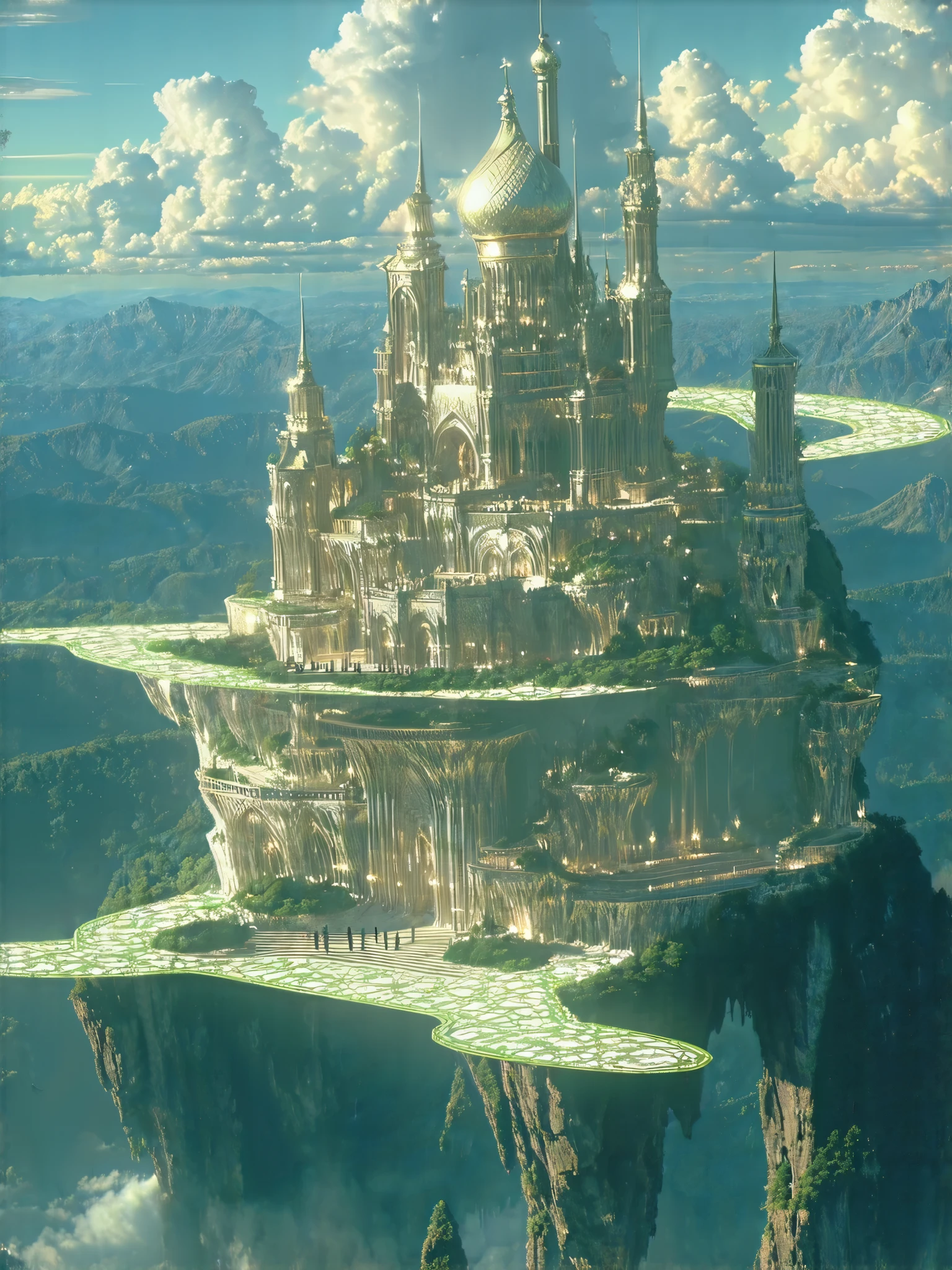 A Floating City, (8k, top quality, masterpiece , Final Fantasy style : 1.2), atmospheric perspective , 8k, very well detailed, accurate, highest quality, masterpiece,Tarot Cards, (A Floating City), Elf