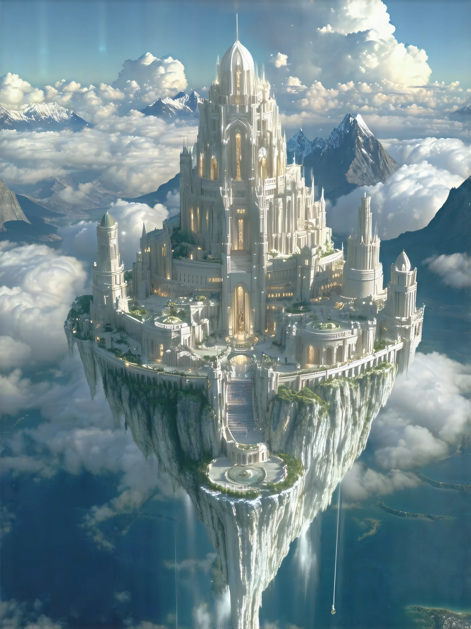 A Floating City, (8k, top quality, masterpiece , Final Fantasy style : 1.2), atmospheric perspective , 8k, very well detailed, accurate, highest quality, masterpiece,Tarot Cards, (A Floating City), Elf