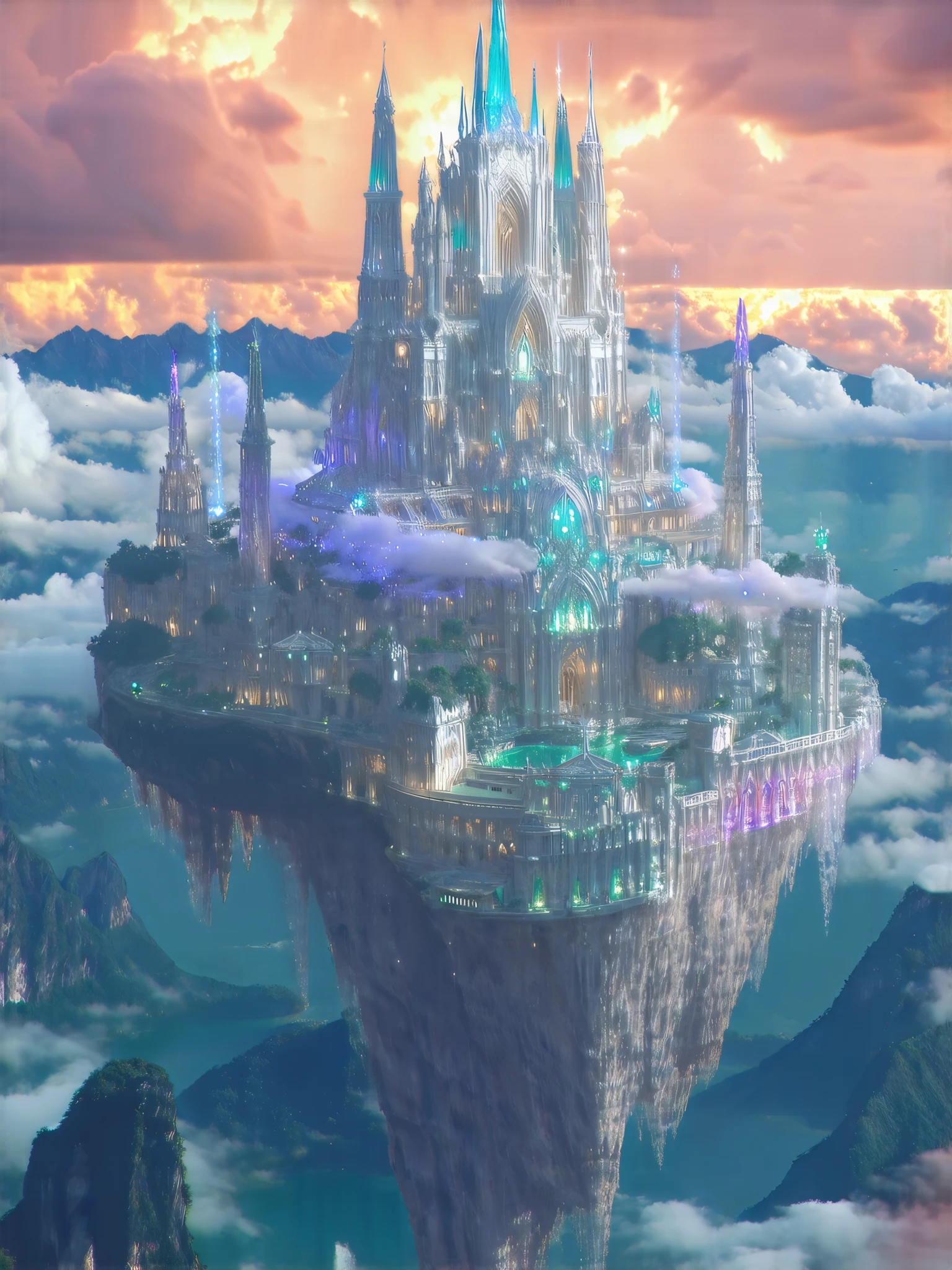 A Floating City, (8k, top quality, masterpiece , Final Fantasy style : 1.2), atmospheric perspective , 8k, very well detailed, accurate, highest quality, masterpiece,Tarot Cards, (A Floating City), Elf