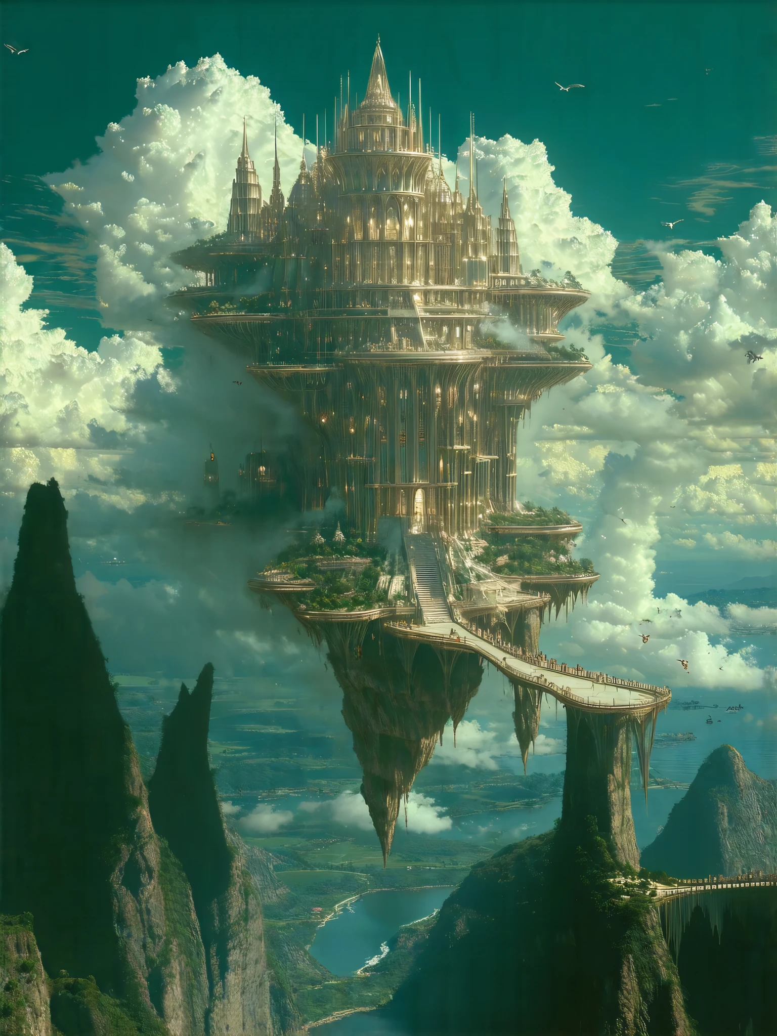 A Floating City, (8k, top quality, masterpiece , Final Fantasy style : 1.2), atmospheric perspective , 8k, very well detailed, accurate, highest quality, masterpiece,Tarot Cards, (A Floating City), Elf