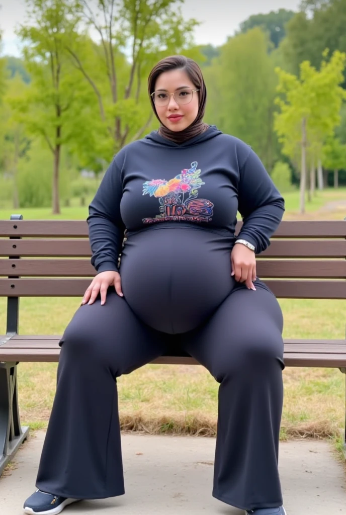 masterpiece, high quality photos, detailed photos, beautiful chubby Malay woman wearing a hijab, has super plump breasts, wearing a tight t-shirt, sexy leggings, big buttocks, posing smiling in the park, detailed body description, detailed facial description,
