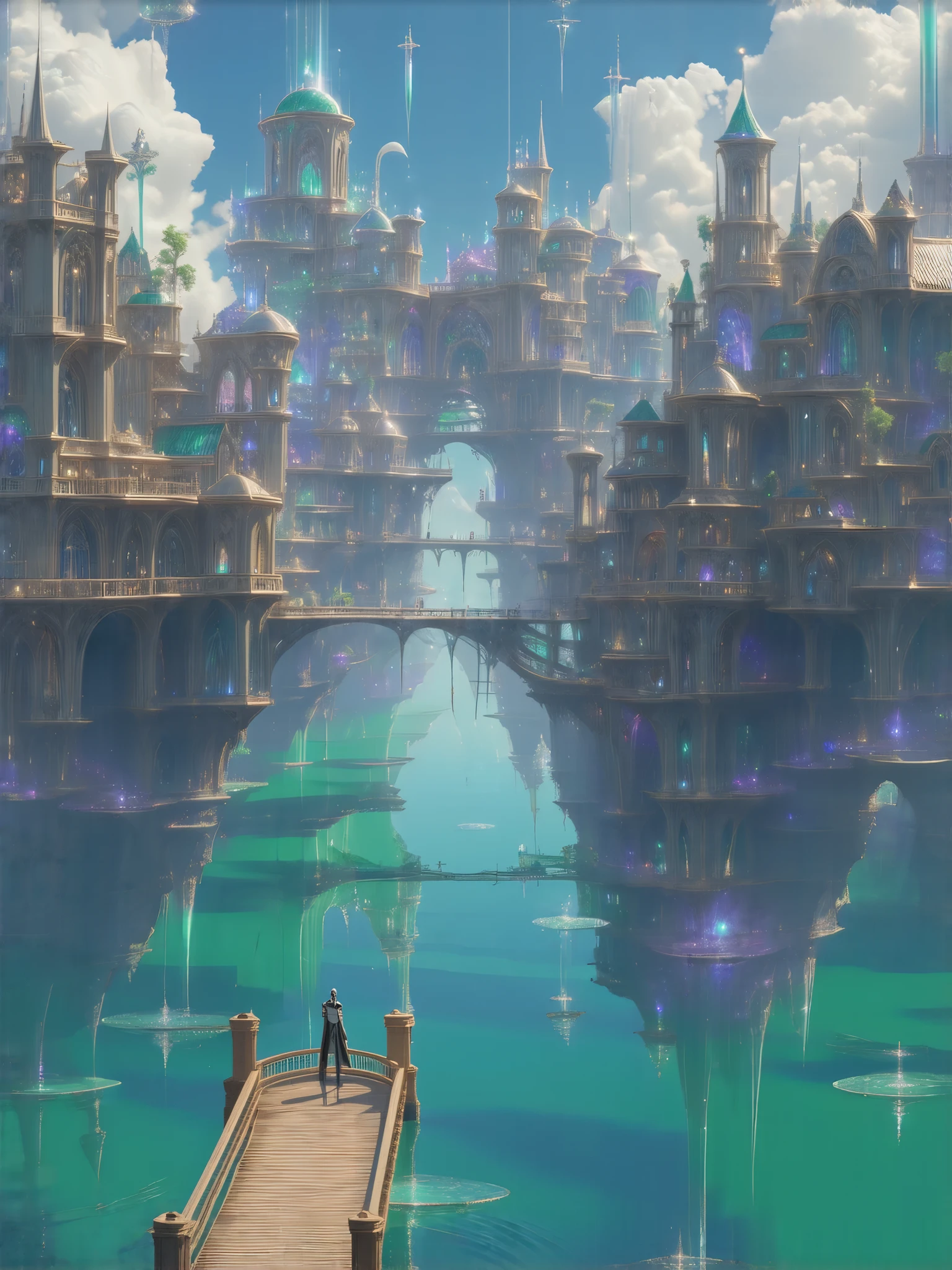 A Floating City, (8k, top quality, masterpiece , Final Fantasy style : 1.2), atmospheric perspective , 8k, very well detailed, accurate, highest quality, masterpiece,Tarot Cards, (A Floating City), Elf