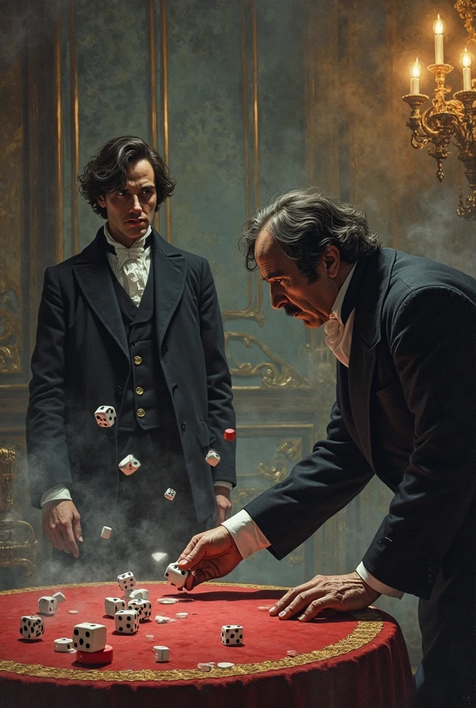 a group of gentlemen smoking in a dimly lit and smokey parlour with their backs to the camera, their attention all focused on one point. victorian, royal, sumptuous furnishings