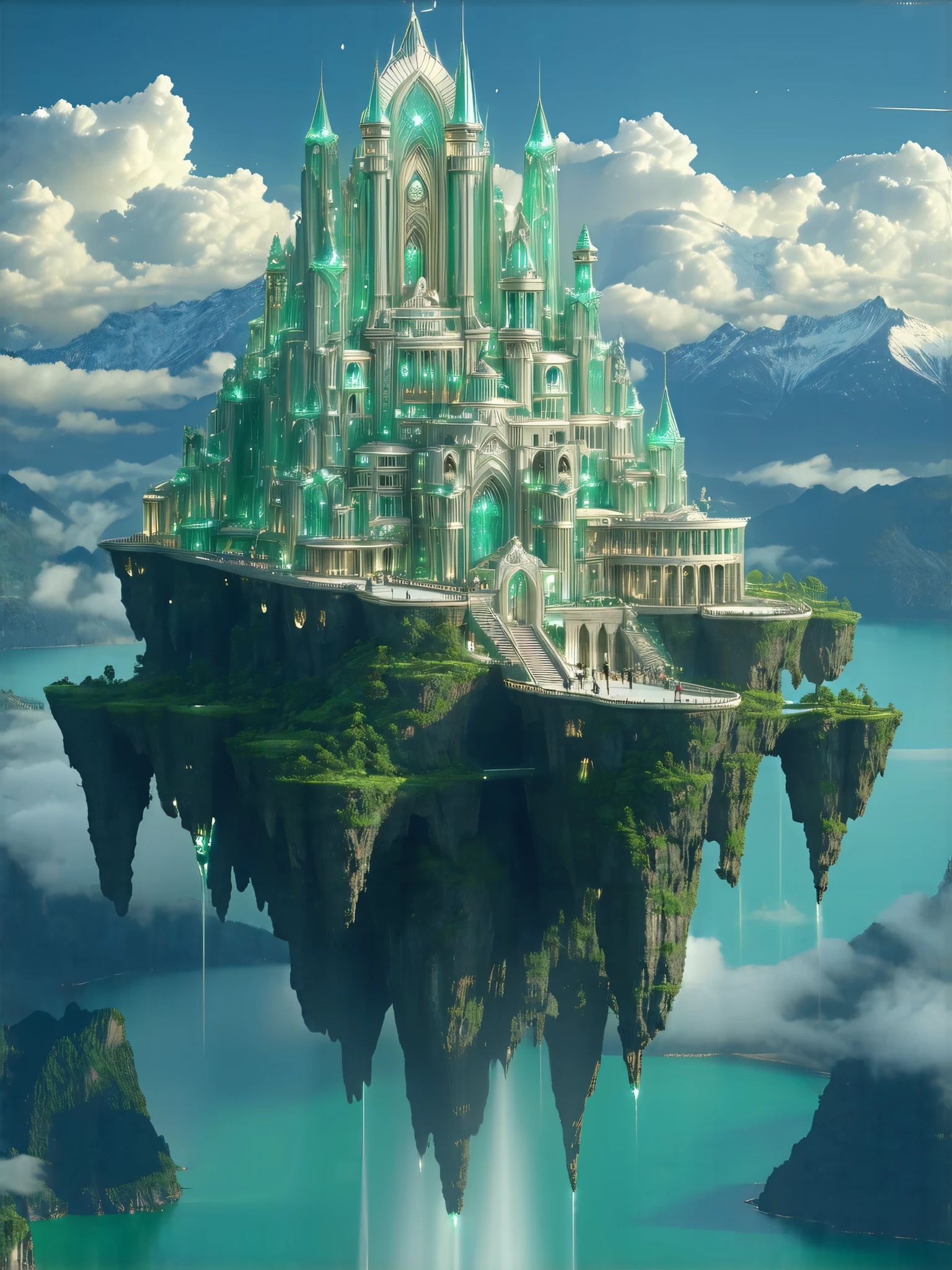 A Floating City, (8k, top quality, masterpiece , Final Fantasy style : 1.2), atmospheric perspective , 8k, very well detailed, accurate, highest quality, masterpiece,Tarot Cards, (A Floating City), Elf