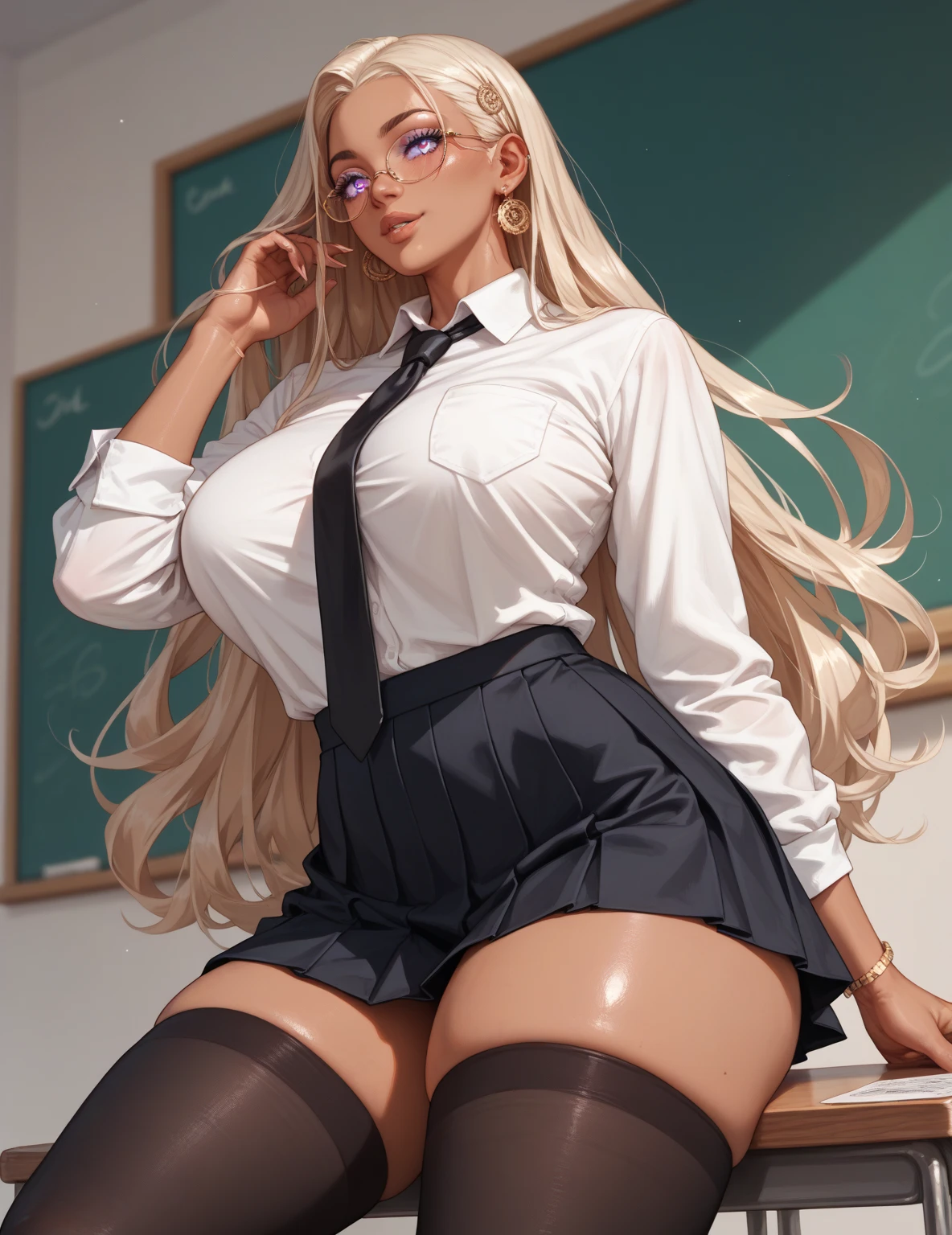 (masterpiece:1.3, best quality), (realistic, photorealistic:1.4), beautiful illustrations, perfect lighting, fancy, written border depth,
looking at viewer, whole body, front view:0.6, 1 girl, alone, Japanese, High school girls, improve, (big bust,wide hips,small waist, Seductive thighs, skin dents),(long hair:1.5),asymmetrical bangs, chapped lips, (Very tanned and shiny skin),good hair, beautiful hair, beautiful face, very detailed face, beautiful beautiful eyes, beautiful collarbone, beautiful body, beautiful breasts, beautiful thighs, beautiful feet, beautiful fingers, (beautiful scenery), (blonde:1.5),((See the conspiracy)),plump thighs, Metal collar, ear piercing, red eyes, straight hair, Sweeping bangs, gradient hair, , white shirt, tie, ecstatic face, looking at viewer, (Pantyhose pull down, panties pull down, Grab it with both hands and), In a classroom with a sunset,( lean forward:1.2),white panties,