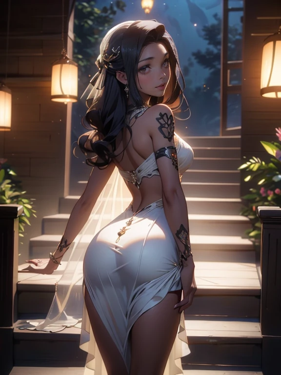 chel_eldorado ((long hair, black hair, bangs, glowing brown eyes, wide eyes, lipstick, makeup, narrow waist, skinny, medium breasts, earrings, alone, gloves, dark skin, black skin)), pelvic curtain, ((white dress, pink details, wedding dress, Scooped up the ass, gloves)), full body, perfect body, (insanely detailed, beautiful detailed face, masterpiece, best quality) , (((solo))), (((1girl))), (((mature))), (extremely detailed 8k paper CG wall unit: 1.1), (wedding, temple, Inca Temple, dusk), (smile face for the viewer), big ass, from back, behind