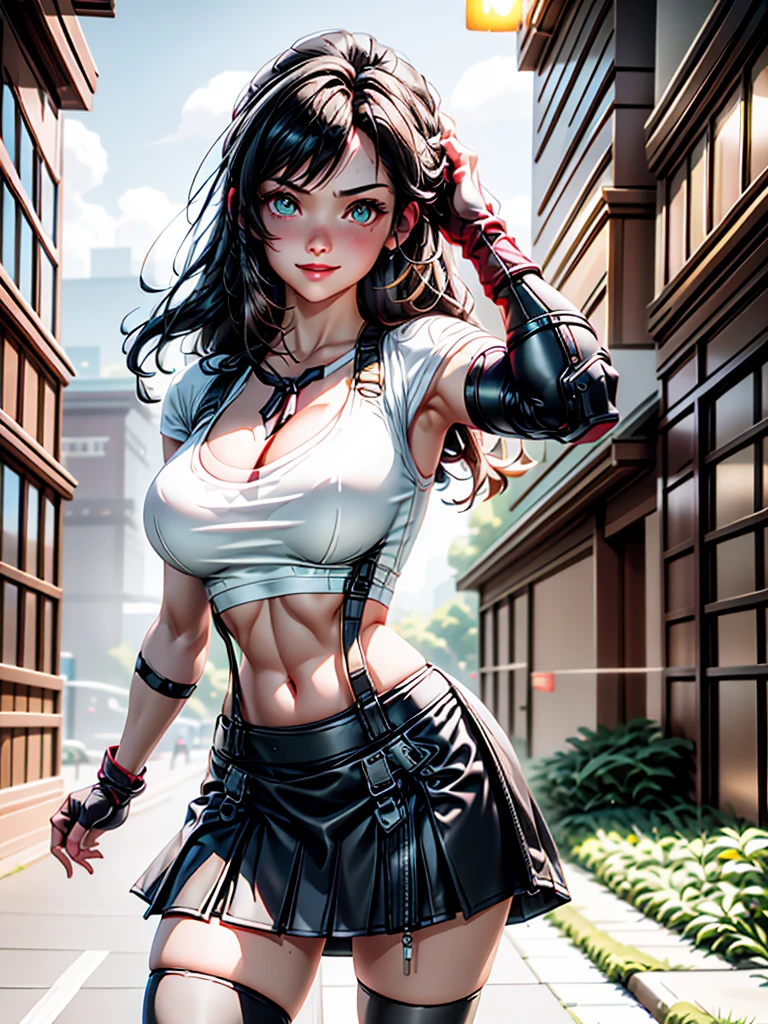 (cowboy shot), (Perfect Anatomy, top-quality, The ultra -The high-definition, high resolution, extremely detailed CG, 8K Unit Wallpapers), 26-year-old mature lady, solo, beautiful detailed eyes, auburn hair, long braided hair, blunt bang, (tall, small breasts, statuesque slender body, athletic), gleaming skin, oily skin, (punk fashion, leather jacket, Tank top, micro shorts), (drive a motorcycle,Harley-Davidson), on road, Tokyo, at night
