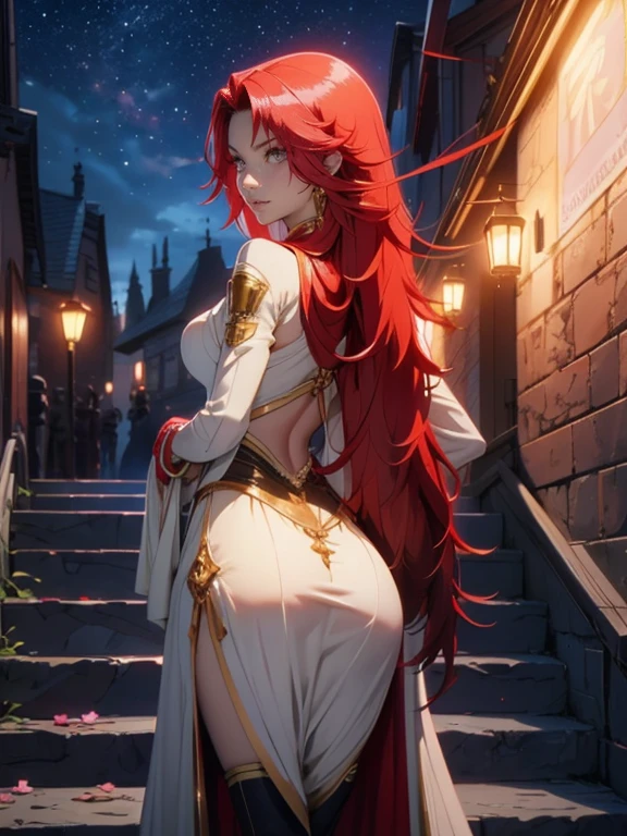 (work of art), (masterpiece), (best quality), a red headed girl, (blue eyes), without clothes, big , showing beautiful backside, backside, brightly lit night city background, red bow, butterflies in golden circle, flowing hair , but g , full figure head to toes , standing beside poles