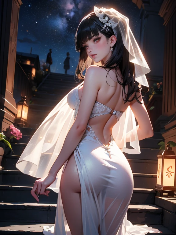 masterpiece, Highest quality, Very detailed, To the camera, Very detailed, Realistic, Sharp features, Very detailed, Sharp focus, Perfect Face, Perfect Face, Perfect symmetry and perfect eyes, Perfect Plump Lips, Flexible female form, cinematic, Film Light, Very detailed, hyper Realistic, masterpiece, Atmospheric, High resolution, Vibrant, Dynamic Studio Lighting, ((Dark Background)), The expression when enduring pleasure, Straight bangs, blue eyes,Back view on all fours、Butt、Sexually aroused expressions、No clothes、No underwear、no good、((Full nudity))、((genitalpiercing))、((Nipple piercing))、White Veil
