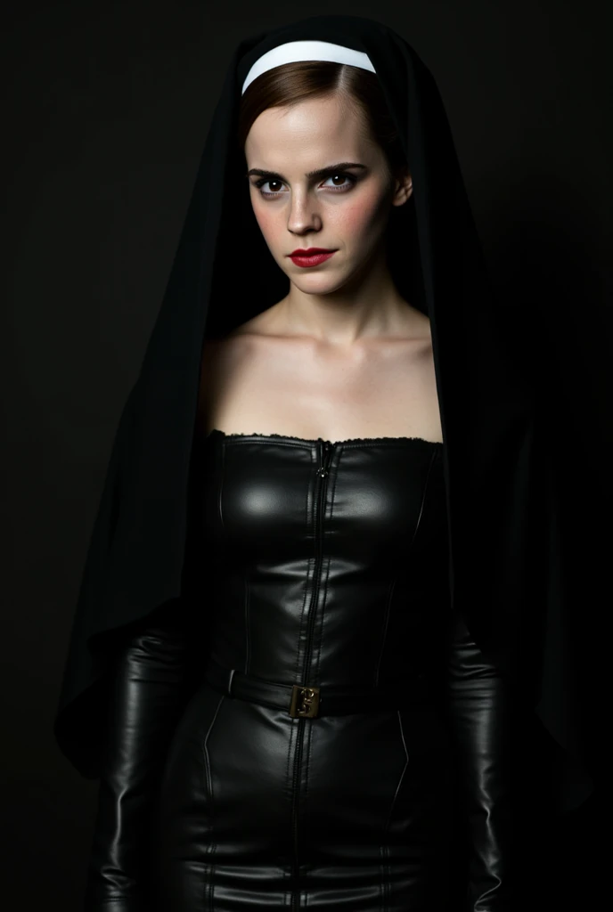 Woman dressed in latex posing for a photo in a dark abandoned church, fetish fashion, goth make-up, darksynth aesthetic, horror fashion, bizarre fashion, ultra detailed, masterpiece.