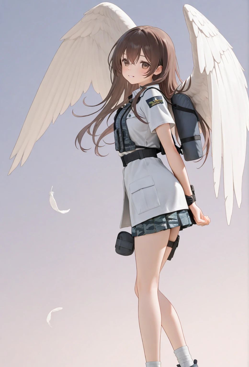 <lora:angelgirl:1.0>,
(angel:1.0), (angel wings:1.1), feathered wings, white wings, wings, halo,
, full body, masterpiece, best quality, 1girl, ,looking at viewer, tall, solo,military,tactical coat,belt,backpack,saddle bag ,long boots
