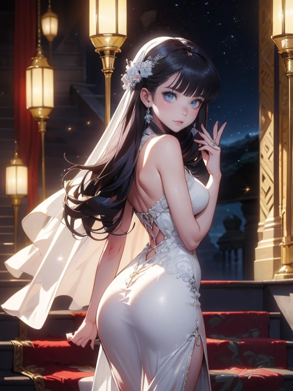 8k, beautiful woman, full body, black hair, ponytail hair, blue eyes, big smile, beautiful makeup, perfect nose, rear view, white garter belt on leg, bare legs, bare arms, Elegant dress