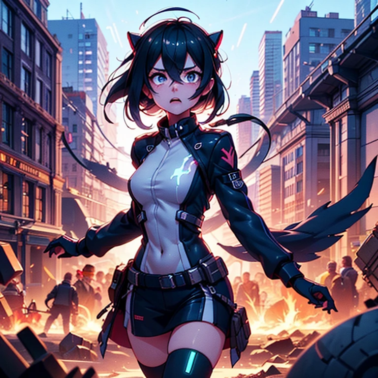 beautiful giantess lolita destroying a city. Full body, explotions, debris skyscrapers, combat jets, cruel woman, tiny army fighting, black clouds, cinematic ligtht, kawaii platform shoes, thighs, --auto --s2