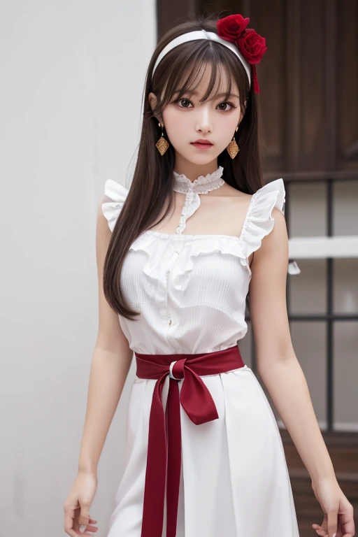 Anime style, Miyazaki style, gentle and lovely Chinese beautiful woman, full body photo, delicate sexy collarbone, charming goose egg face, double eyelids, smart peach blossom eyes, pink lips, small upturned nose, bare shoulders, focused face, close-up of face, ultra HD, super details, elegant standing, appliqué cotton jersey sweatshirt, made of medium weight cotton jersey, small appliqué on the chest, loose and languid silhouette, with JK skirt, live-action realistic effect