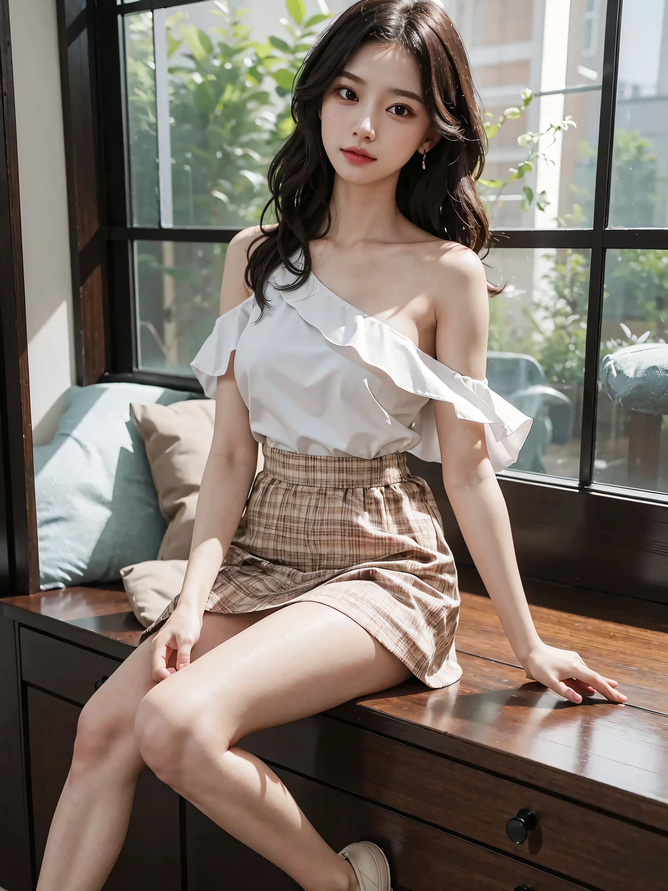 Japanese girl 1, very beautiful, pale white skin, beautiful eyes, with a short blouse with a neckline and a tight short miniskirt , side view, goddess body, medium breasts, Japanese house living room background, 8K photo quality, Realistic details, ultra definition. 