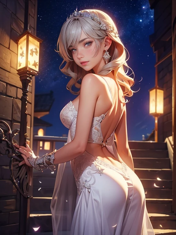 8k resolution, masterpiece, Highest quality, Award-winning works, unrealistic, , Final Fantasy, Royal Jewel,Photorealistic paintings by Midjourney and Greg Rutkowski, , elegant, Very detailed, Delicate depiction of hair, Miniature Painting, Digital Painting, Art Station, Concept Art, Smooth, Sharp focus, shape, nature, 千night一night物語, A strip of light pouring down from the sky, A pillar of light stretching into the sky, Complex colors, Buddhist Mandala, Colorful magic circle, flash, Large spiral staircase, Mysterious Background, aura, A gentle gaze, break, Small faint lights and flying fireflies, night, lanthanum, royal palace, Starry Sky, milky way, nebula, shooting star, Flowers, bird, Wind and Moon, Rear view, erotic, Only sexy women, healthy body, Anatomically accurate skeleton, 22 years old, bride, (Climbing the stairs, Rear view, Looking back towards the camera:1.6), Height: 170cm, Large, firm, swaying bust,, Silvery long wavy hair, Detailed facial depiction, break, Mysterious blue eyes, Standard nose, eyeliner, Pink Lips, Sexy long legs, Clear, glowing skin, bride, Sexy long silk wedding dress with gothic ruffles, Extra long cape, A dress with a complex structure, Pure white dress,, royal coat of arms, ,, dynamic sexy pose, A kind smile,