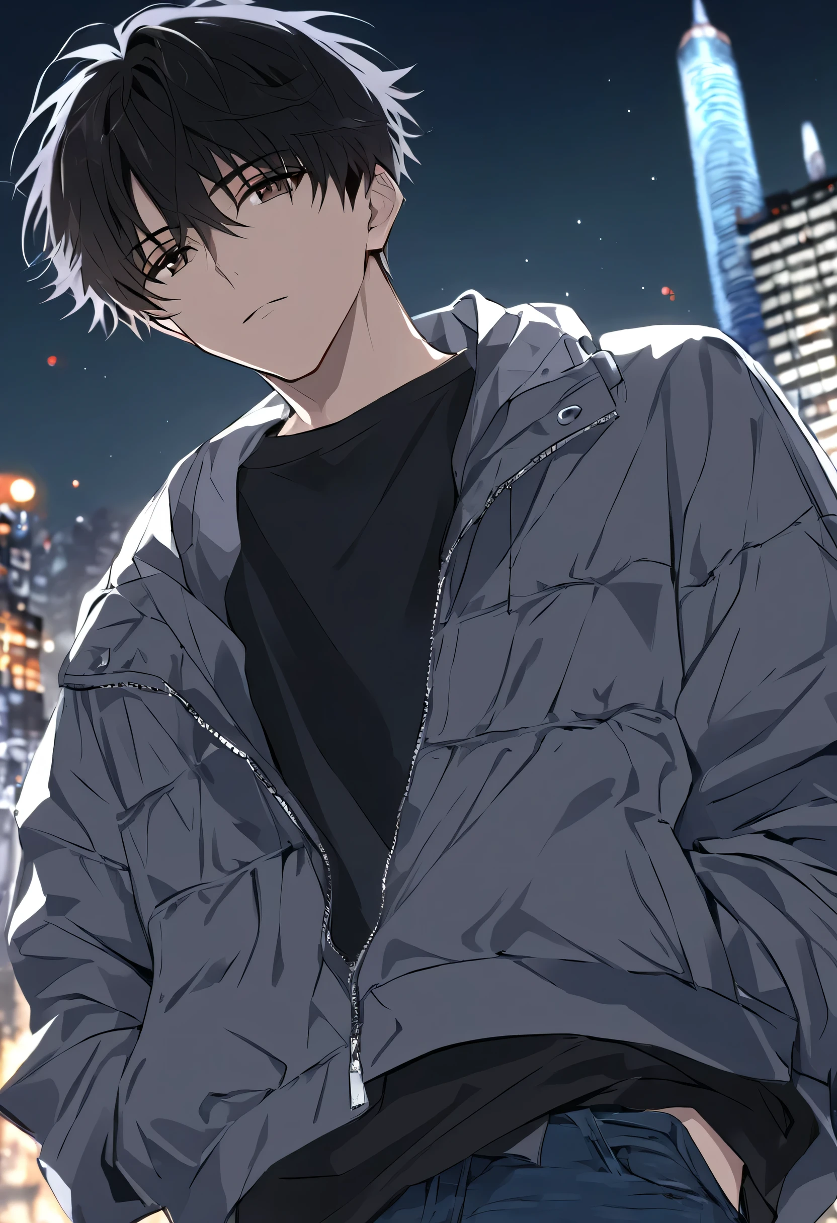 Male + black hair + brown eyes + gray jacket (blouson) (unzipped) + black T-shirt + blue jeans + solo + adult (20 year old man) + city environment + cold weather + night time